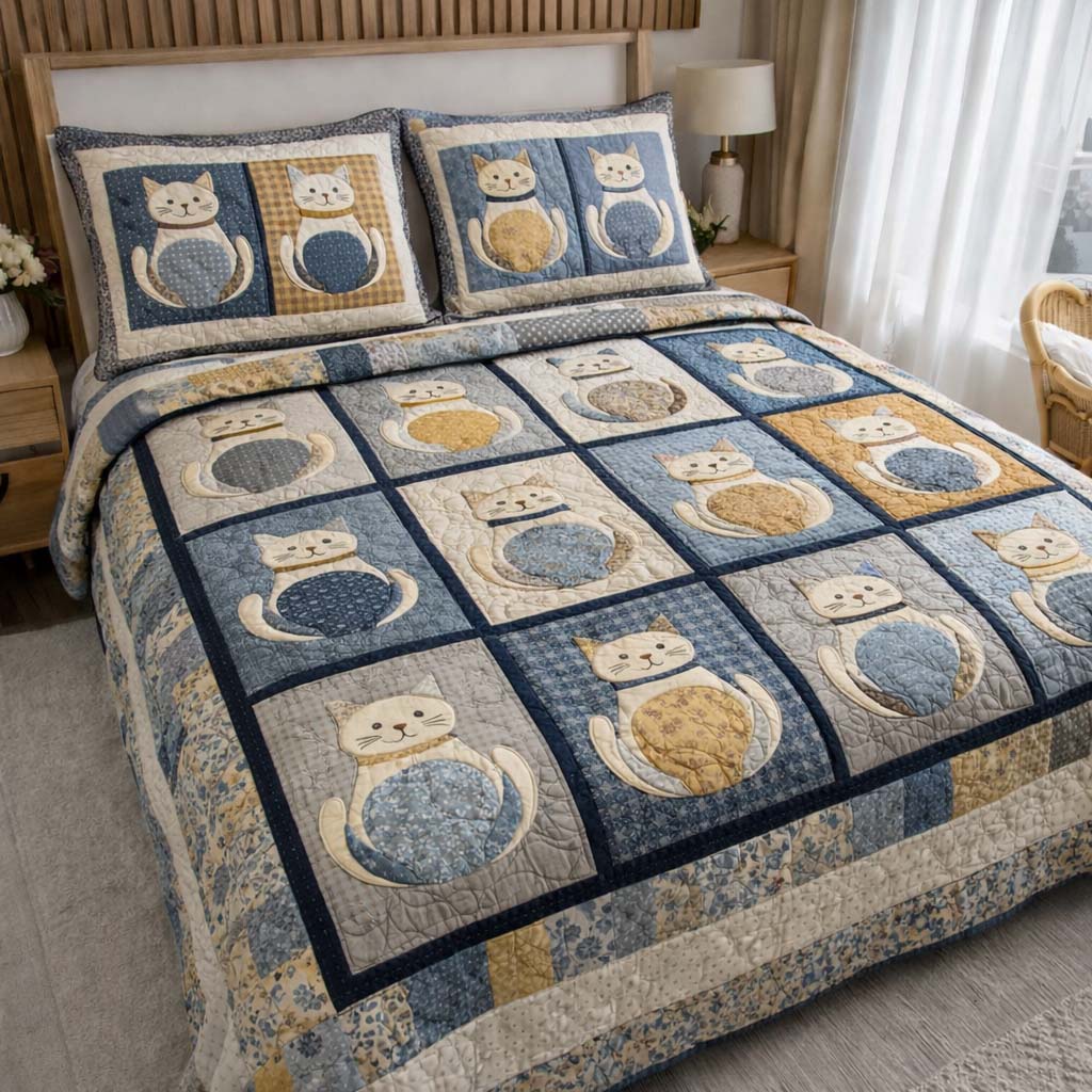 Cat Serenity Quilted Bedding Set Bed Room Decoration Gift Ideas For Cat Owners - Tradiviet