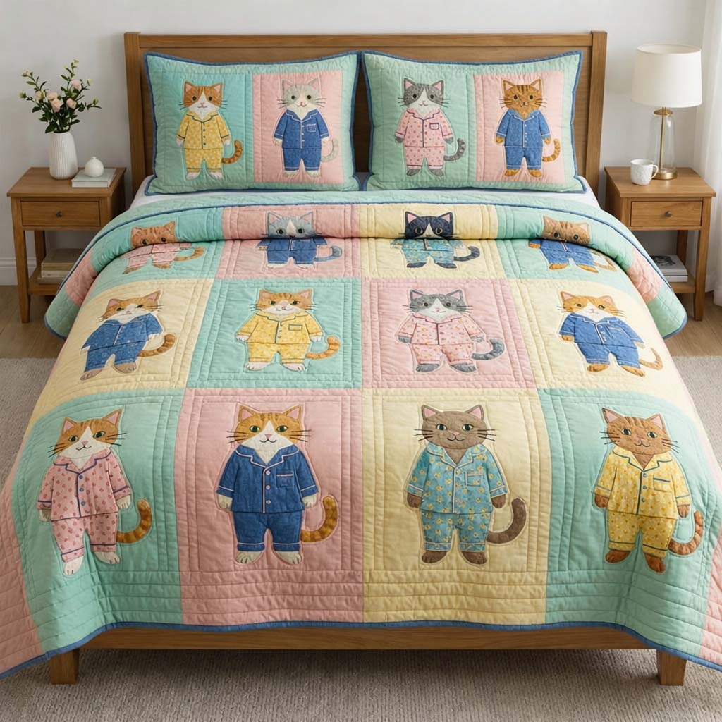 Cat Serenity Quilted Bedding Set Holiday Bedroom Decor Cat Gifts For Women - Tradiviet
