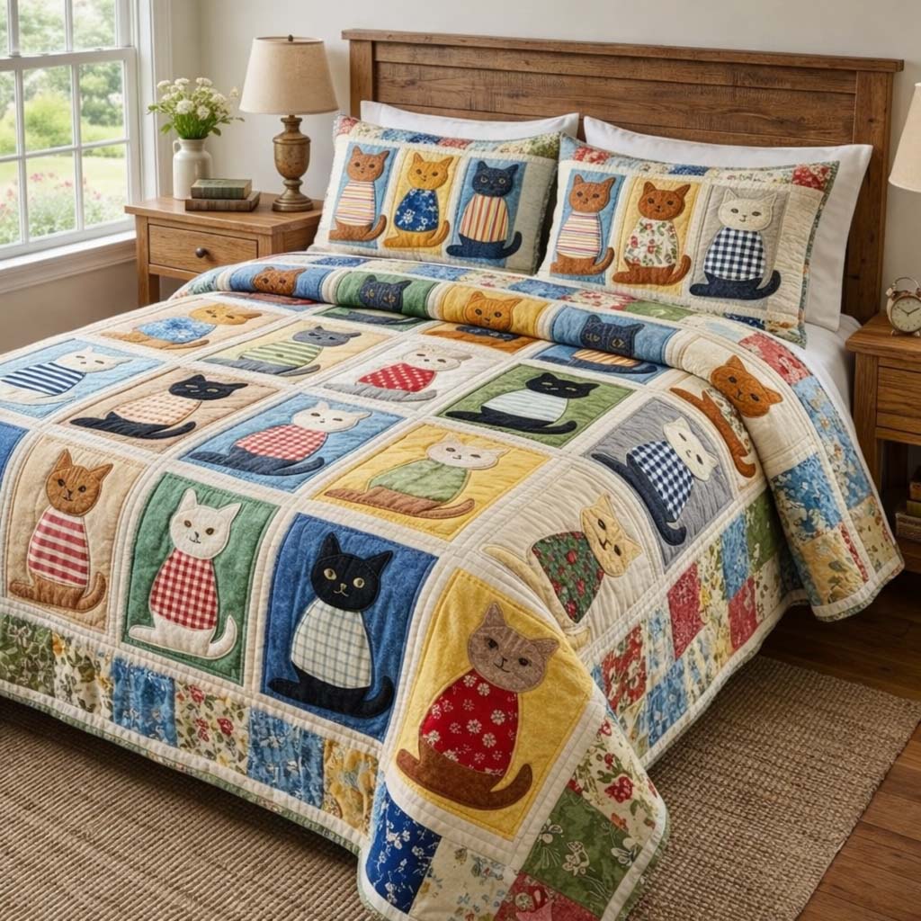 Cat Serenity Quilted Bedding Set Mens Bedroom Decor Cat Presents For Cat Lovers - Tradiviet