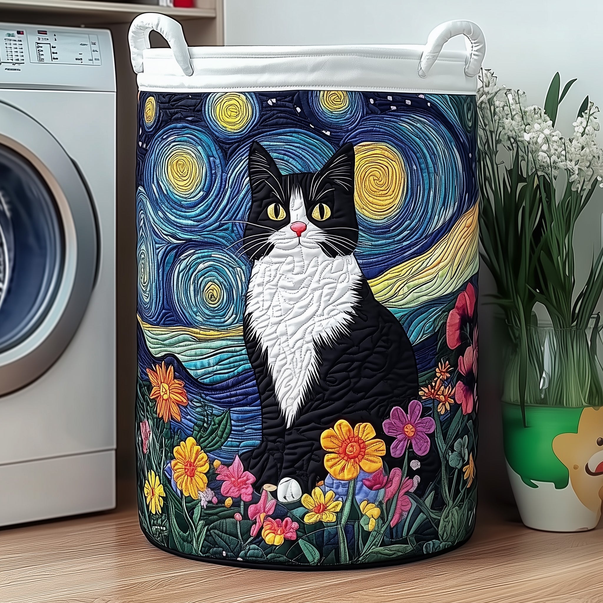 Cat Under Starry Night Quilted Laundry Basket Cute Baskets Best Gifts For Dad - Tradiviet