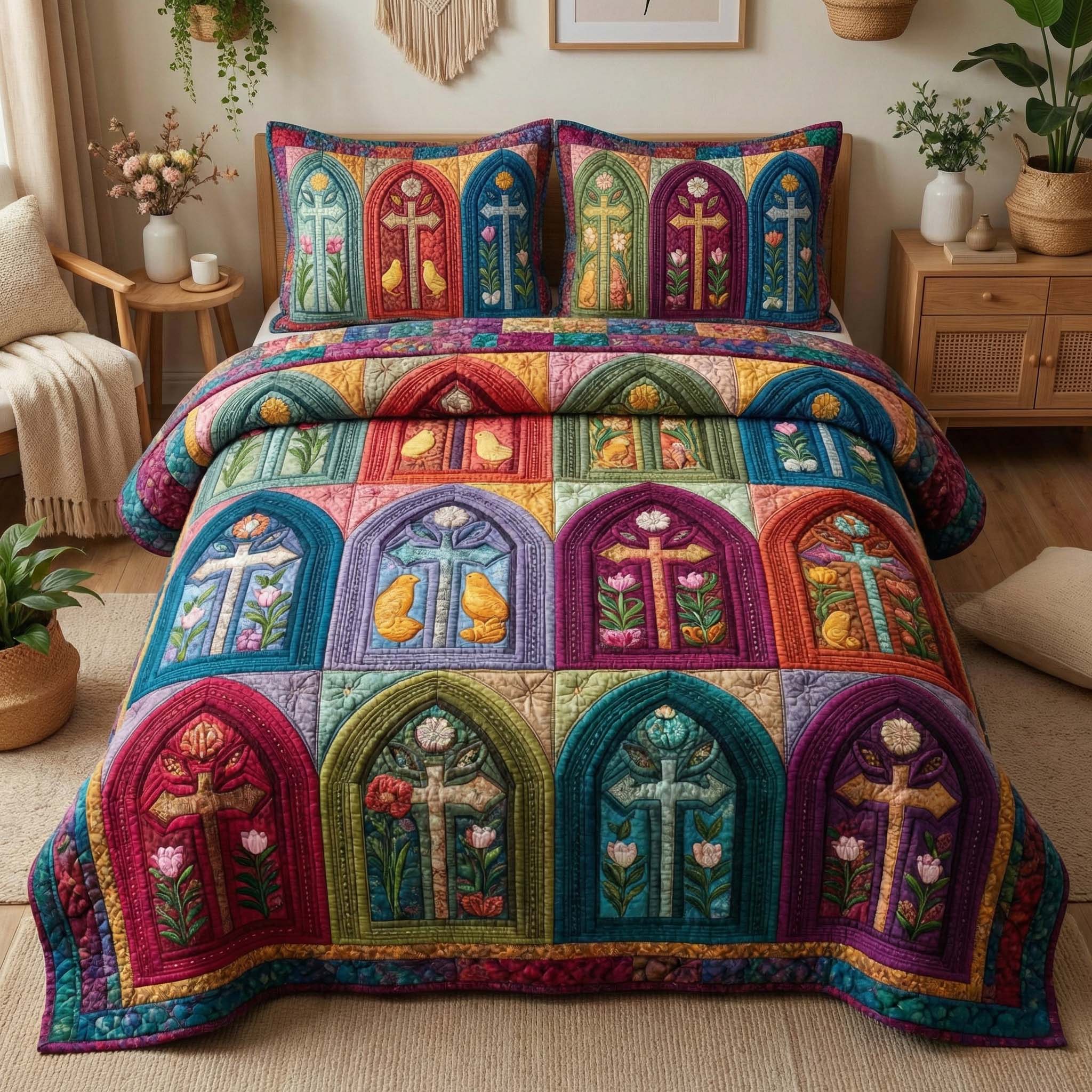 Cathedral Cross Quilted Bedding Set Holiday Bedroom Decor Cat Gifts Women - Tradiviet