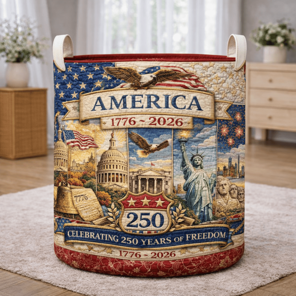 Celebrating 250 Years Quilted Laundry Basket USA 1776-2026 Patriotic Hamper Family Gift - Tradiviet