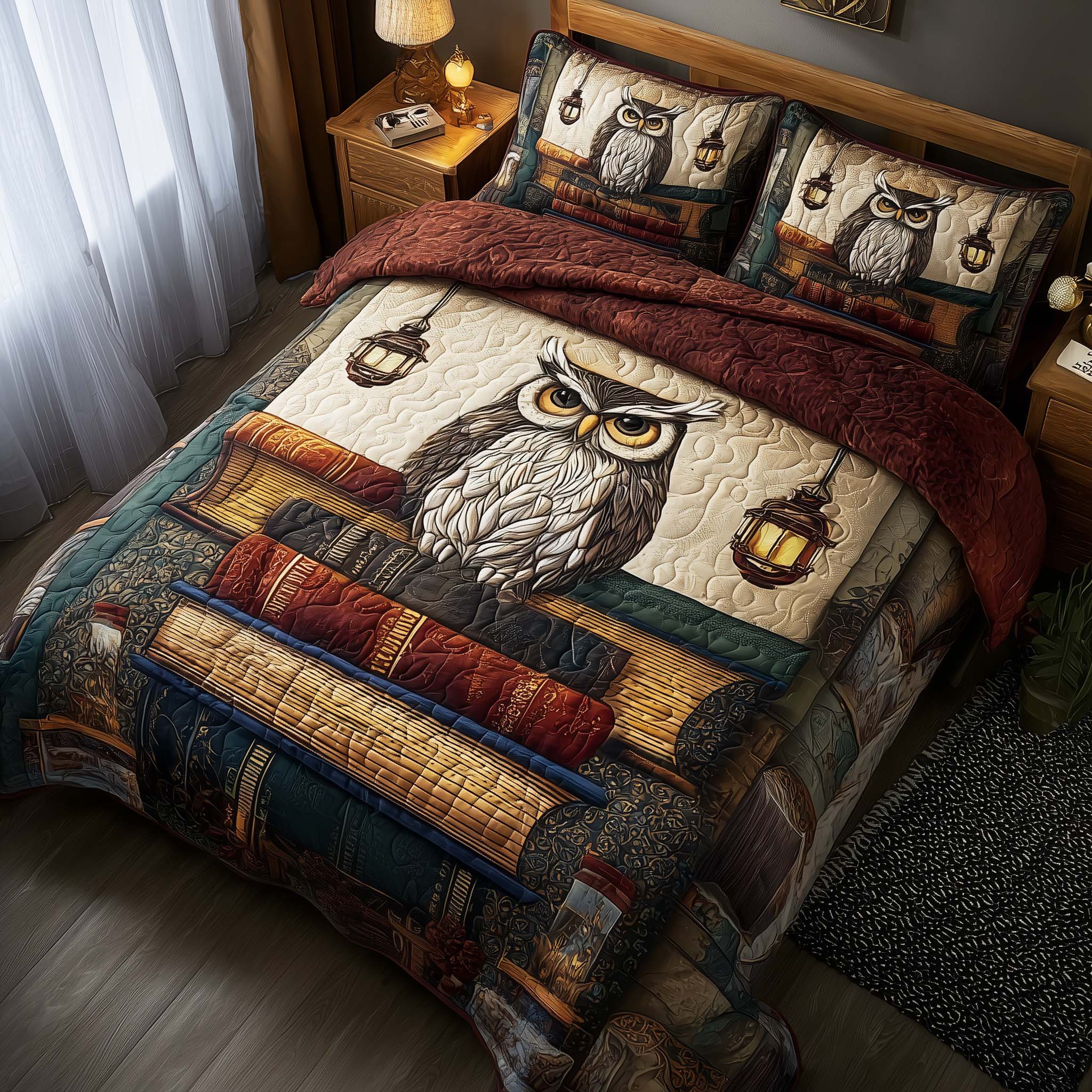Celestial Owl Quilted Bedding Set Autumn Inspired Bedroom Unique Gifts For Owl Lovers - Tradiviet