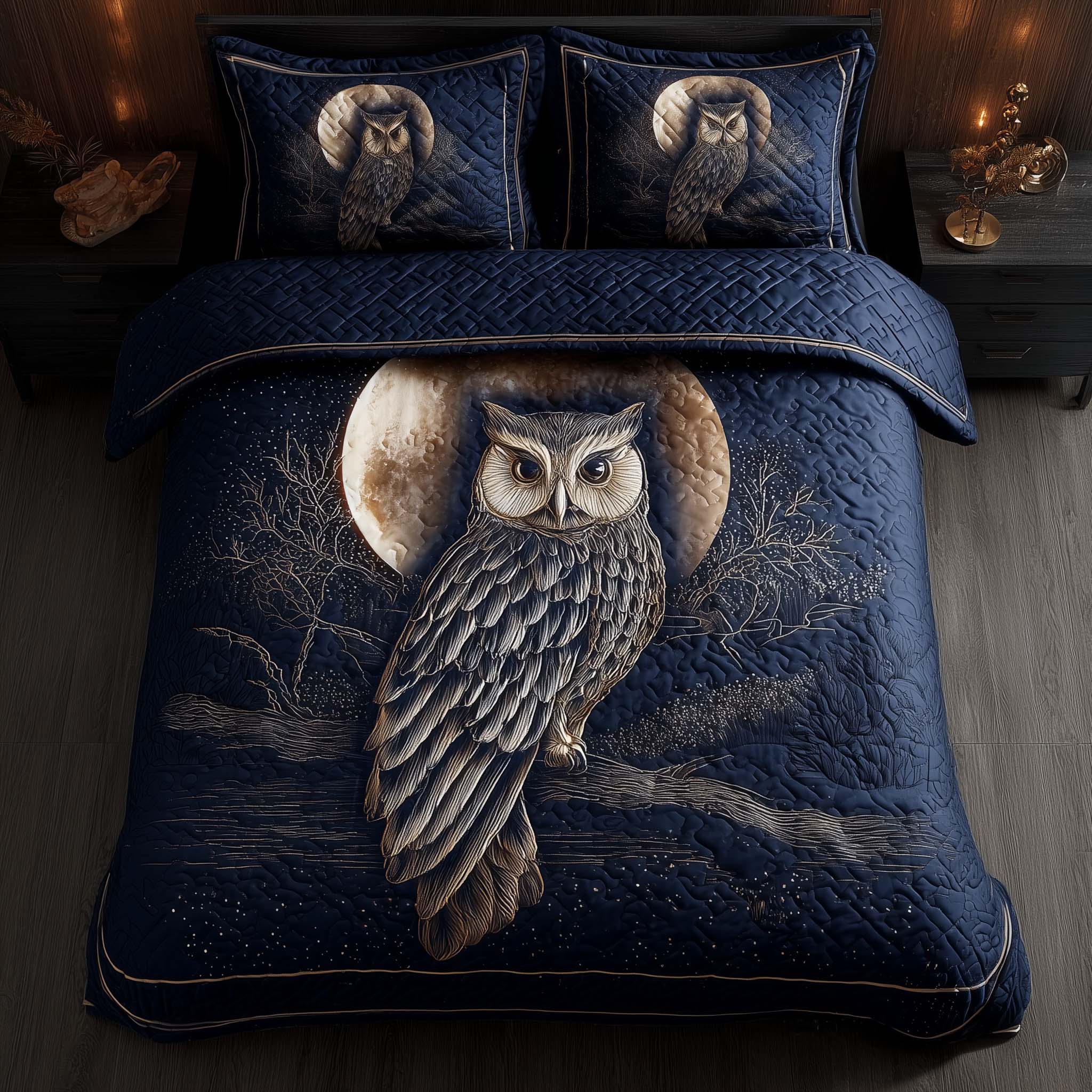 Celestial Owl Quilted Bedding Set Holiday Home Decor Best Gifts For Owl Lovers - Tradiviet