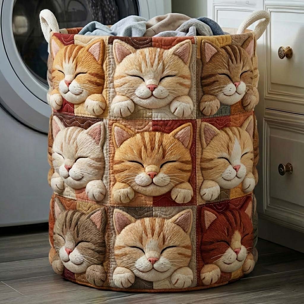 Cheeky Cat Quilted Laundry Basket Aesthetic Storage Baskets Good Mothers Day Gifts - Tradiviet