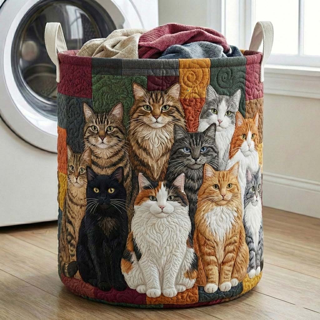 Cheeky Cat Quilted Laundry Basket Cute Storage Baskets Gift Ideas For Dad - Tradiviet