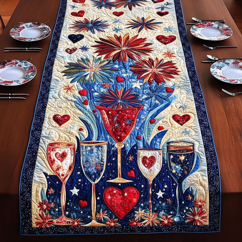 Cheers and Fireworks Quilted Table Runner  Holiday Table Runner Fourth Of July Hostess Gifts
