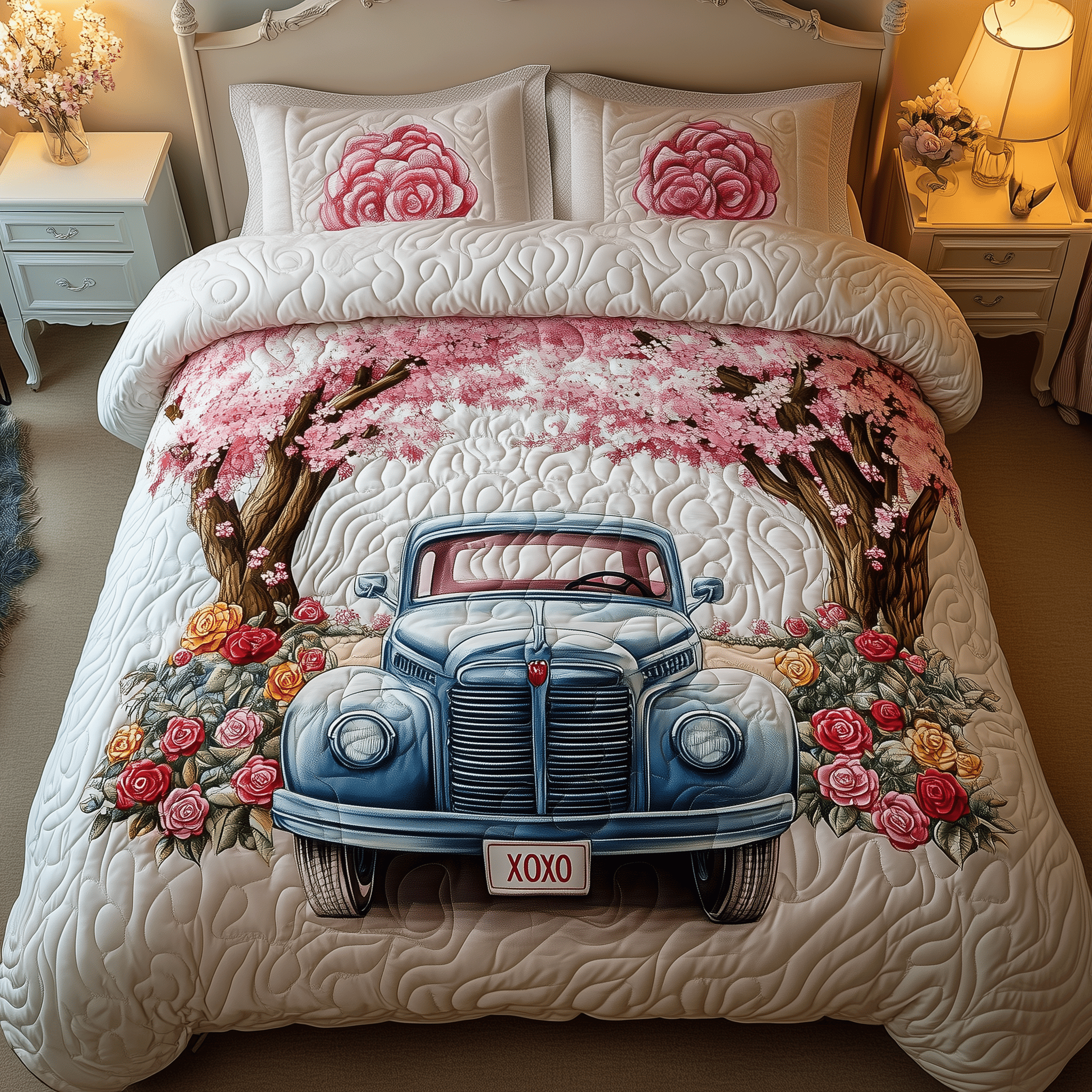 Cherry Blossom Truck Quilted Bedding Set Cozy Floral House Decoration unique Gift For Mom - Tradiviet