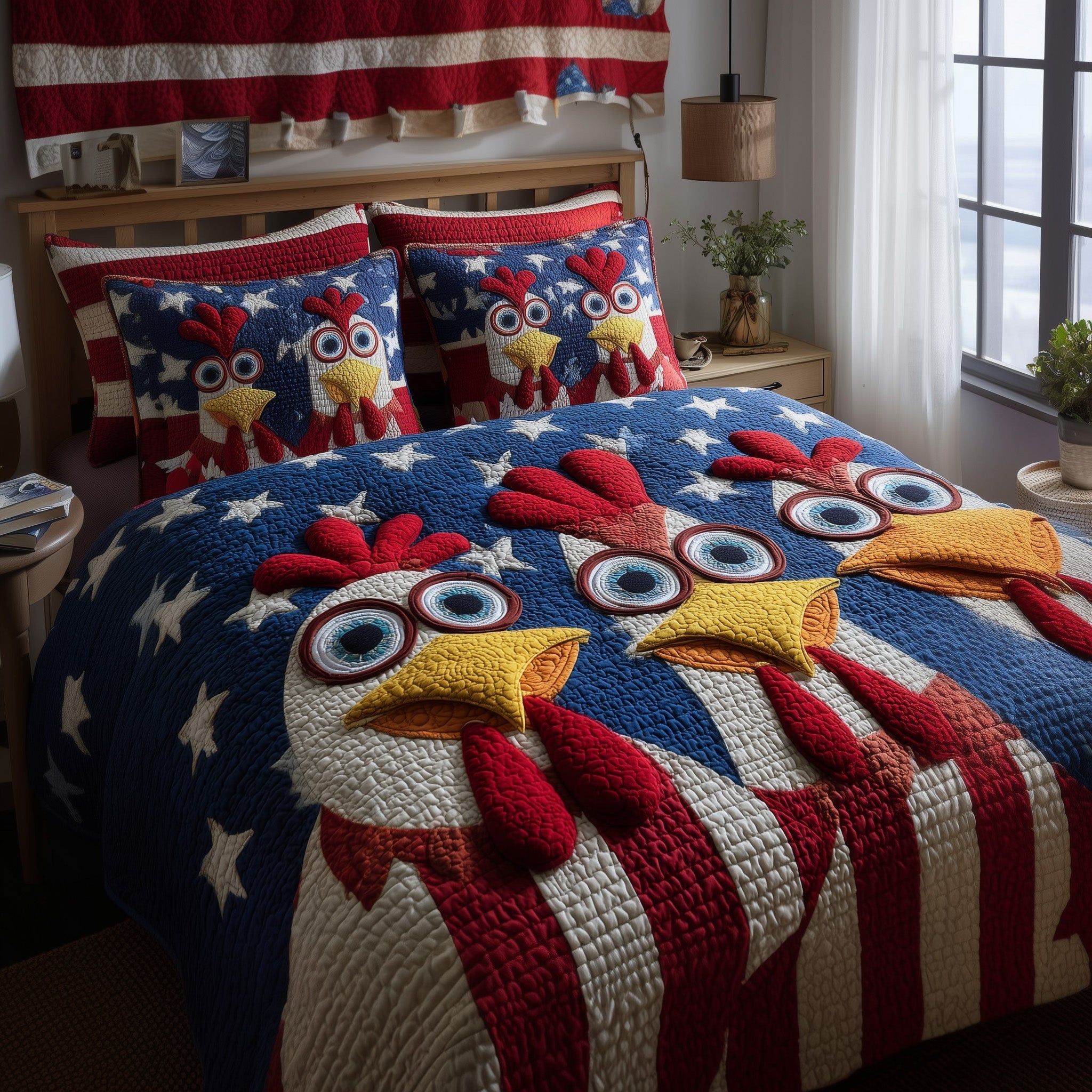 Chicken America 250 Flag Quilted Bedding Set America Patriotic Chicken Quilt Set Gift For Bestie - Tradiviet