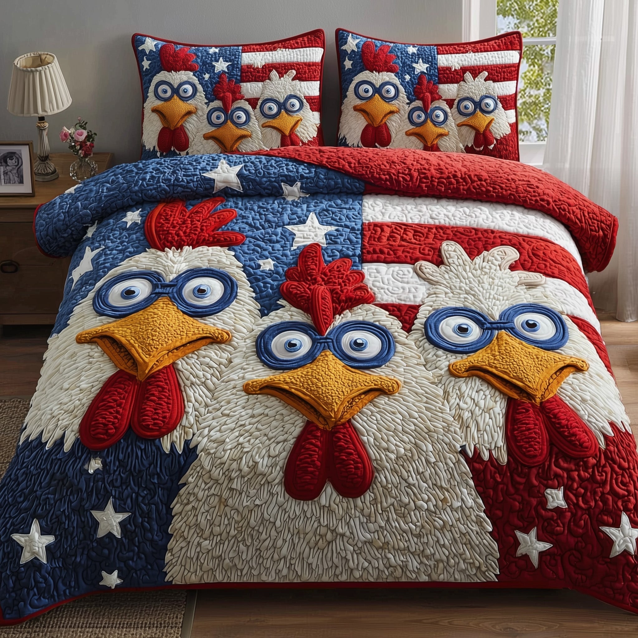 Chicken American Flag Quilted Bedding Set 1776-2026 Patriotic Rustic Bedding Gift For Dad - Tradiviet