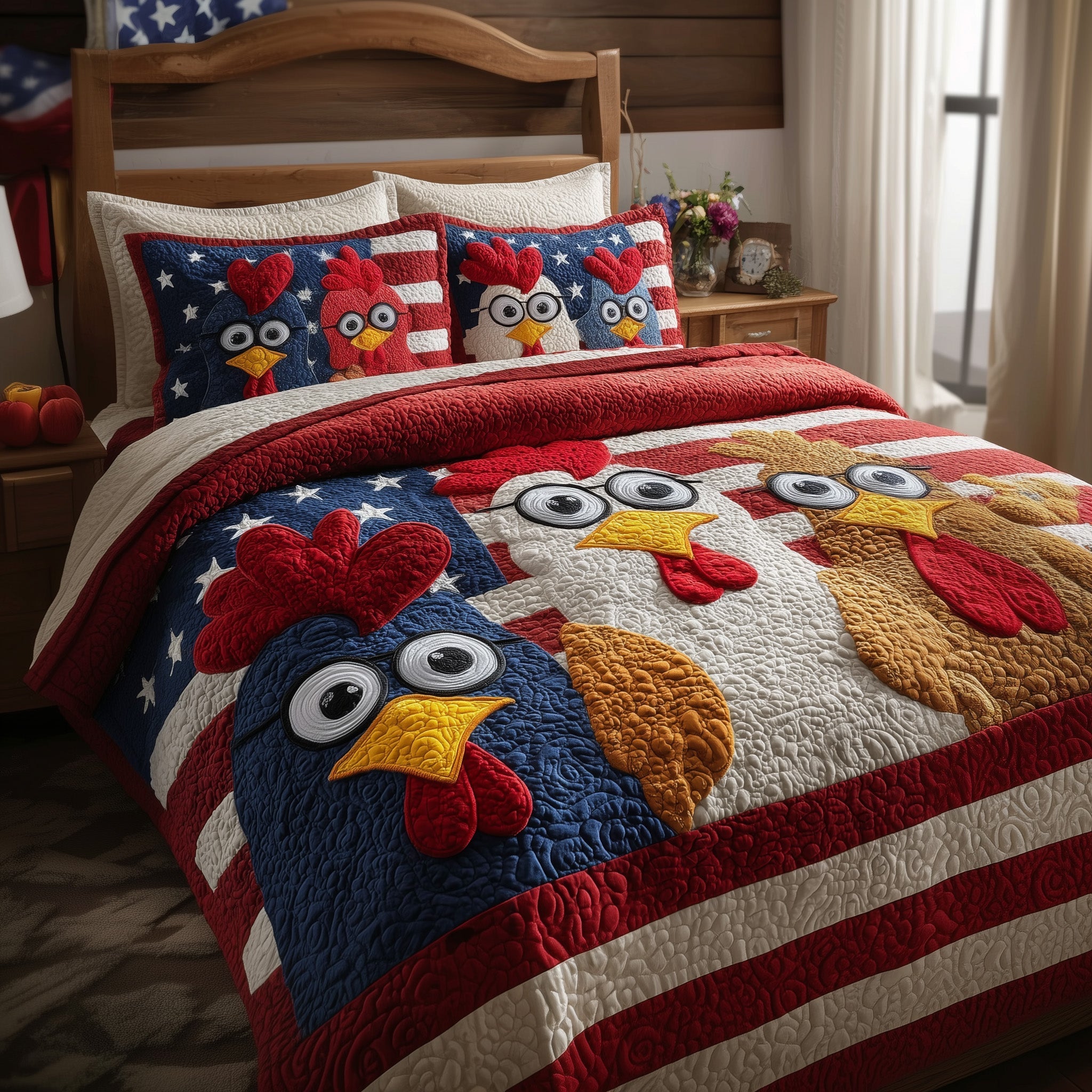 Chicken American Flag Quilted Bedding Set Funny Chickens On Patchwork Bedding Gift For Mom - Tradiviet