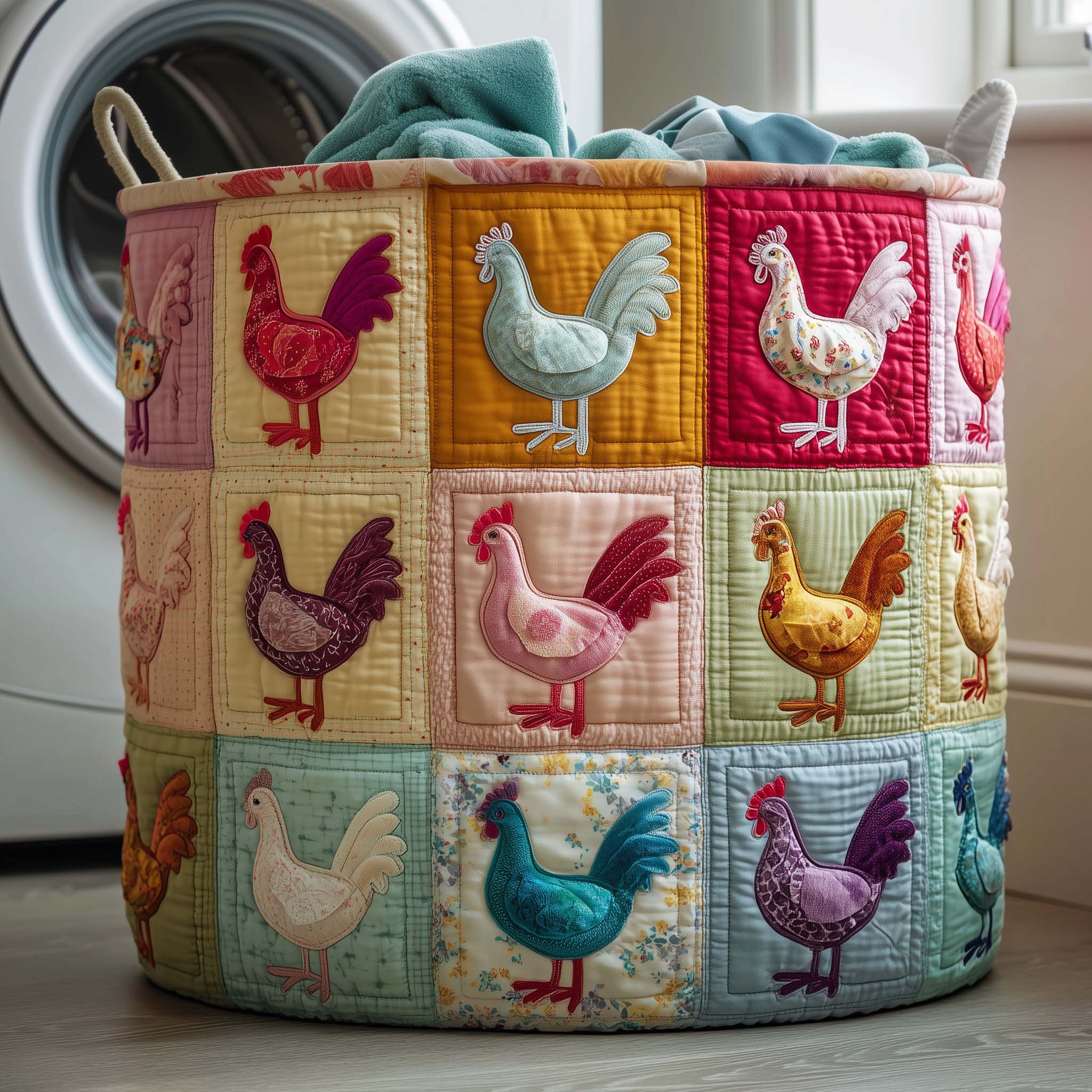 Chicken Patchwork Quilted Laundry Basket Cute Baskets Gift For Grandma - Tradiviet