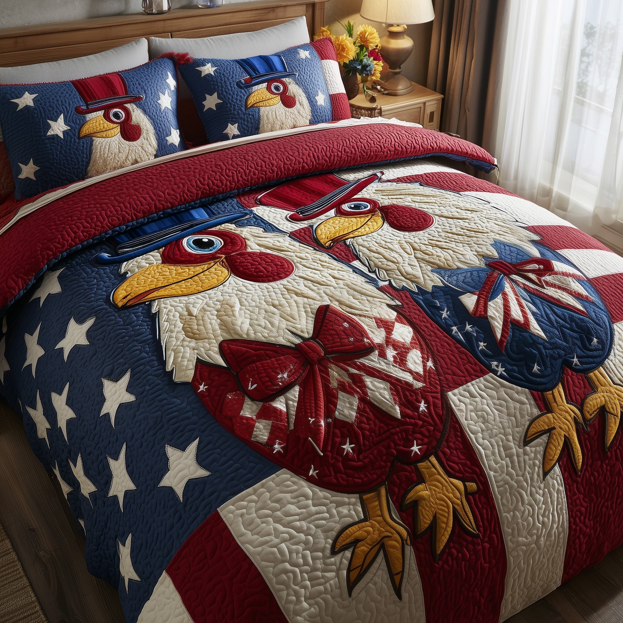 Chicken US Flag Quilted Bedding Set America Land Of The Free Quilt Cover Set Gift For Couples - Tradiviet