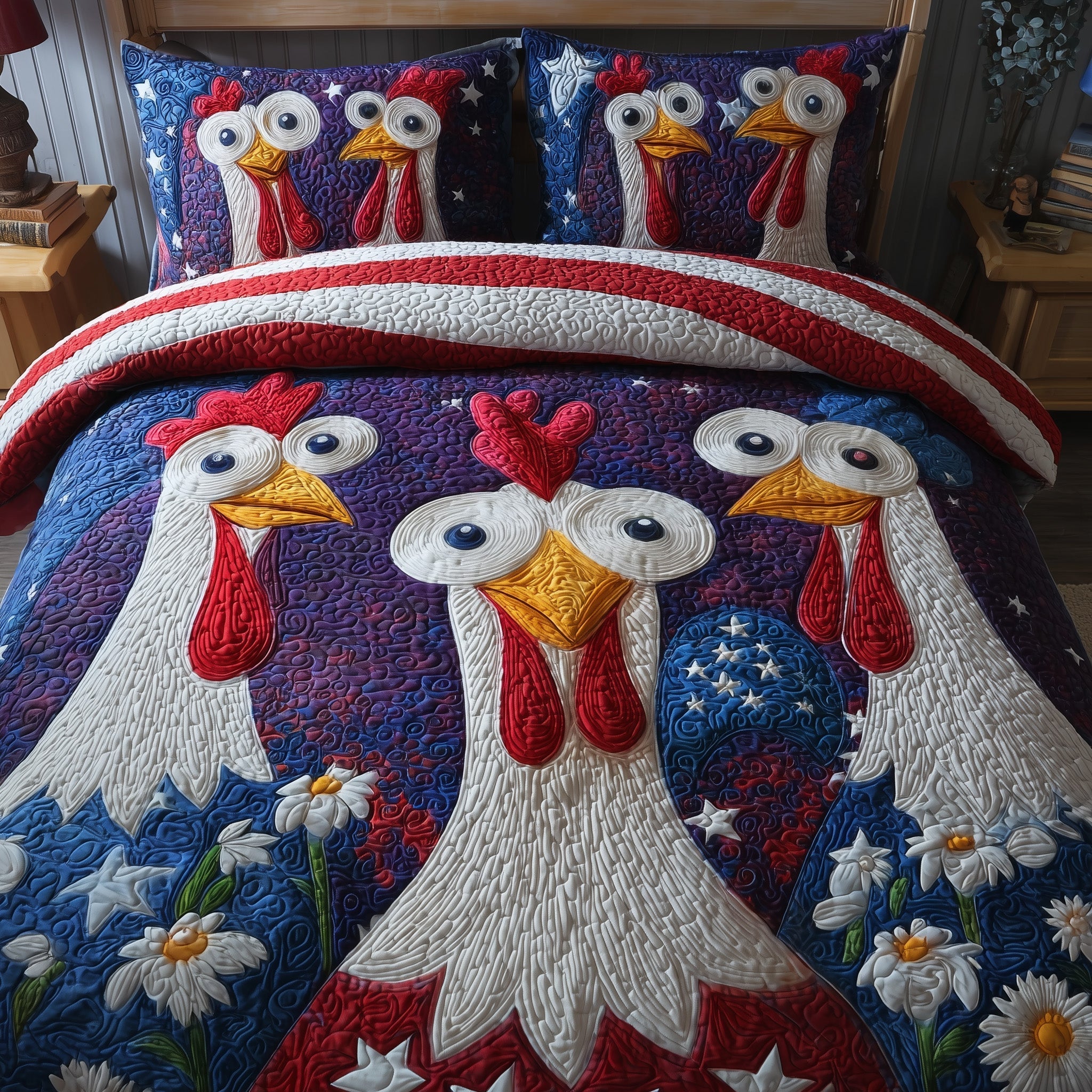 Chicken USA Flag Quilted Bedding Set Patriotic 1776 Rustic Bedding Gift For Dad - Tradiviet