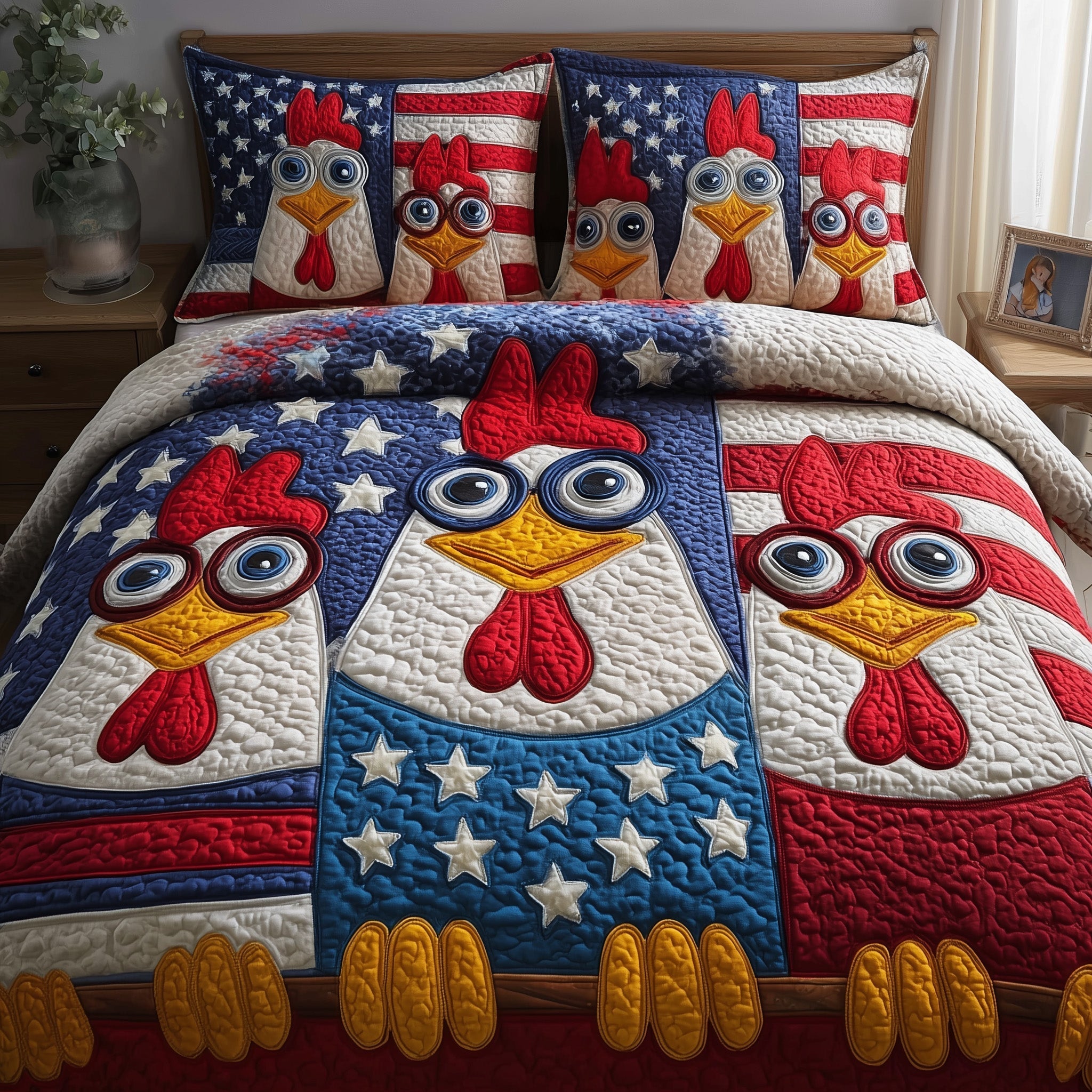Chicken USA Flag Quilted Bedding Set Retro Patriotic Queen Bedding Set Gift For Her - Tradiviet