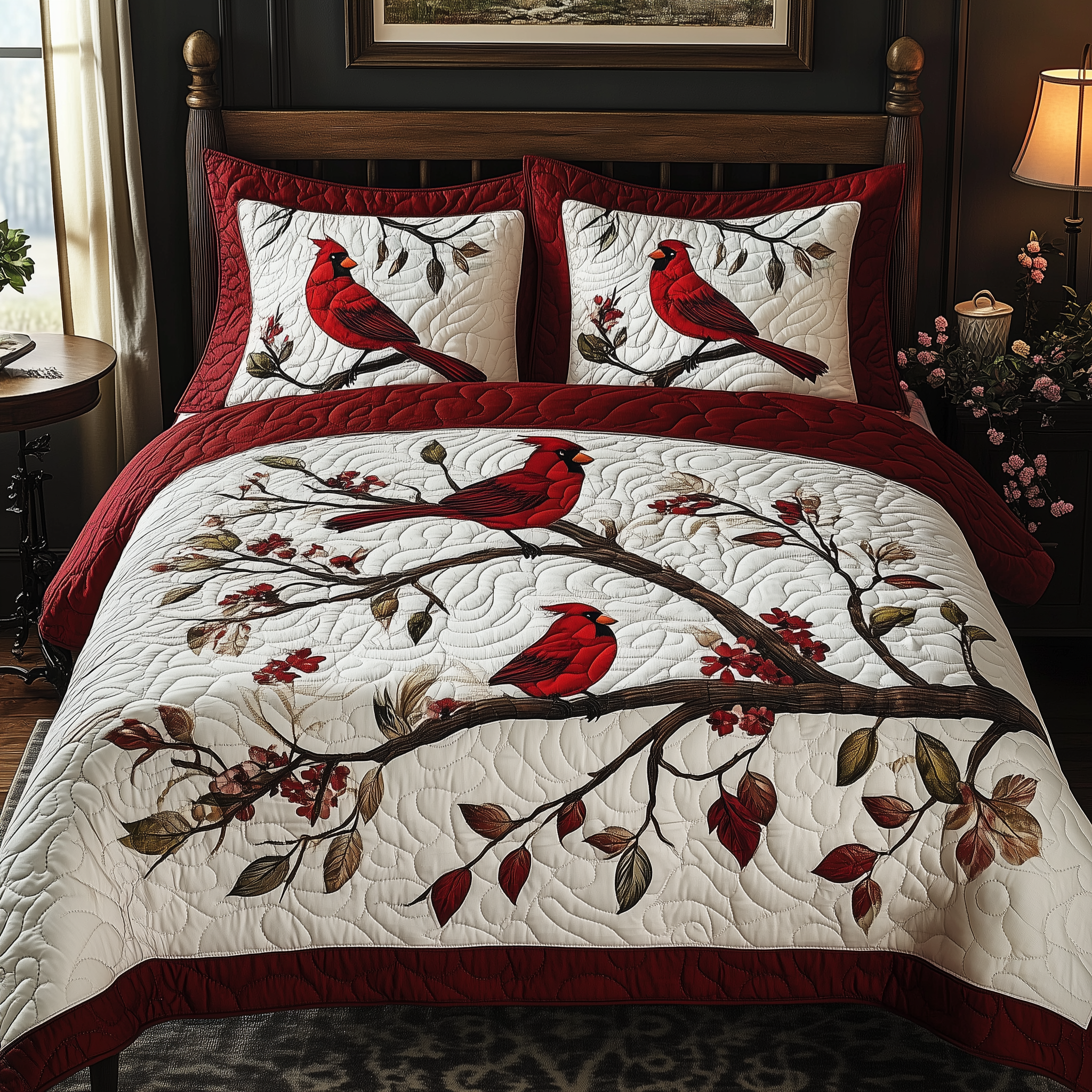 Christmas Cardinal Quilted Bedding Set Room Decoration Items Son In Law Christmas Presents - Tradiviet