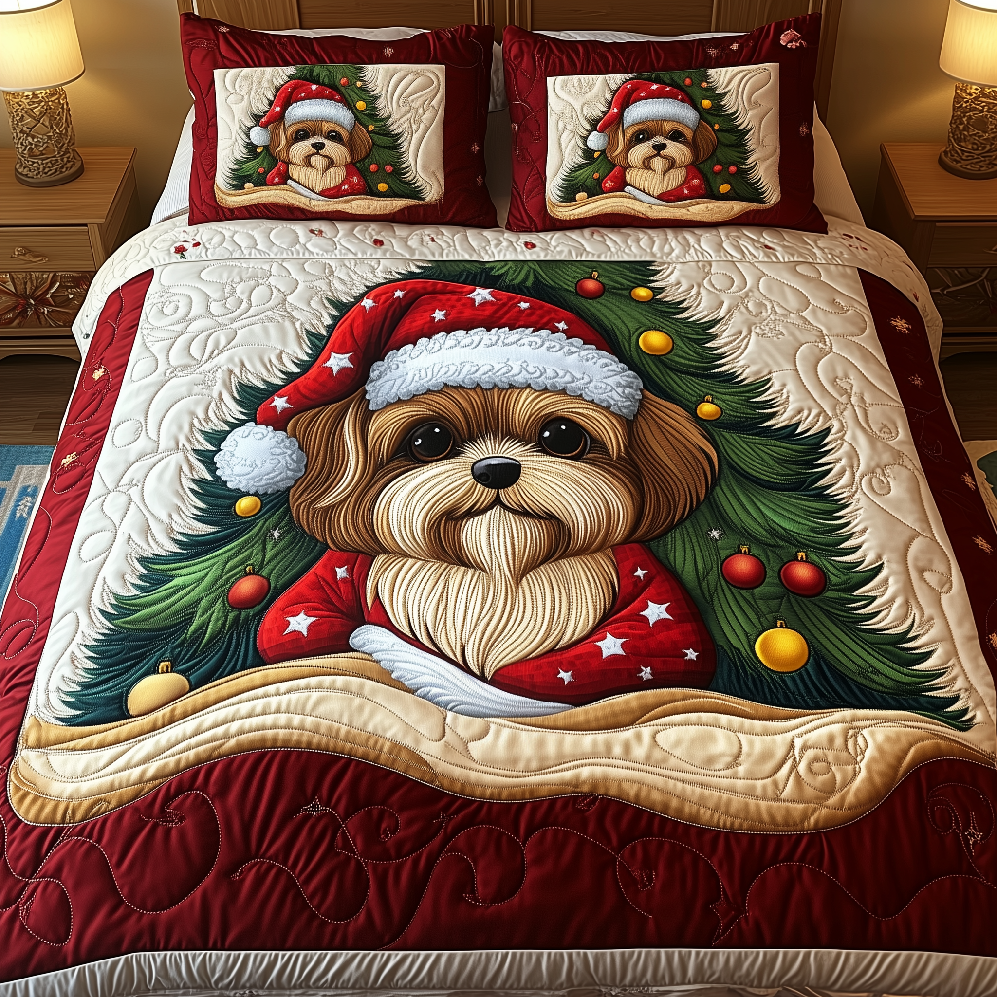 Christmas Shih Tzu Quilted Bedding Set Holiday Home Decor Gifts For Shih Tzu Owners - Tradiviet