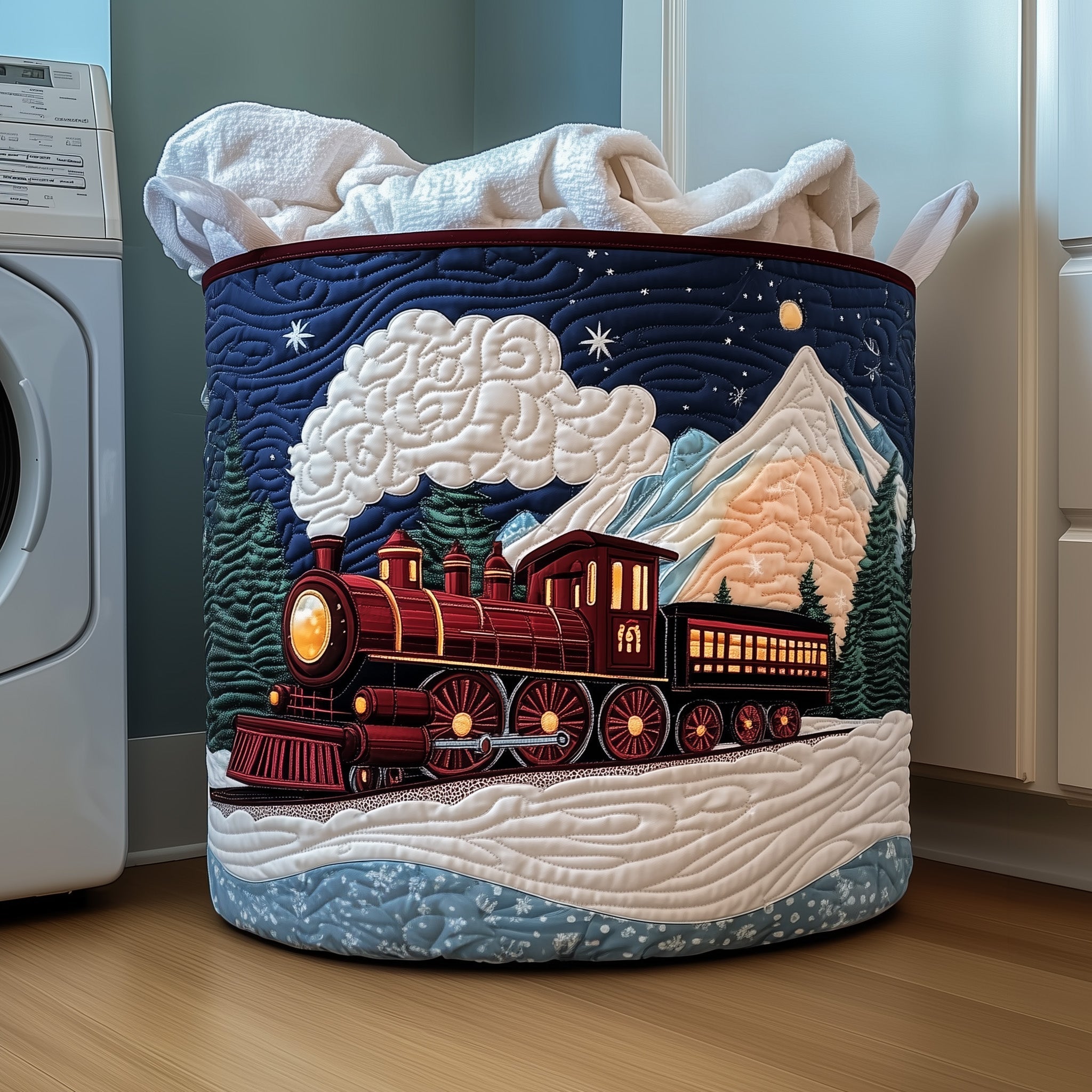 Christmas Train Quilted Laundry Basket Aesthetic Storage Baskets Gift For Wife - Tradiviet