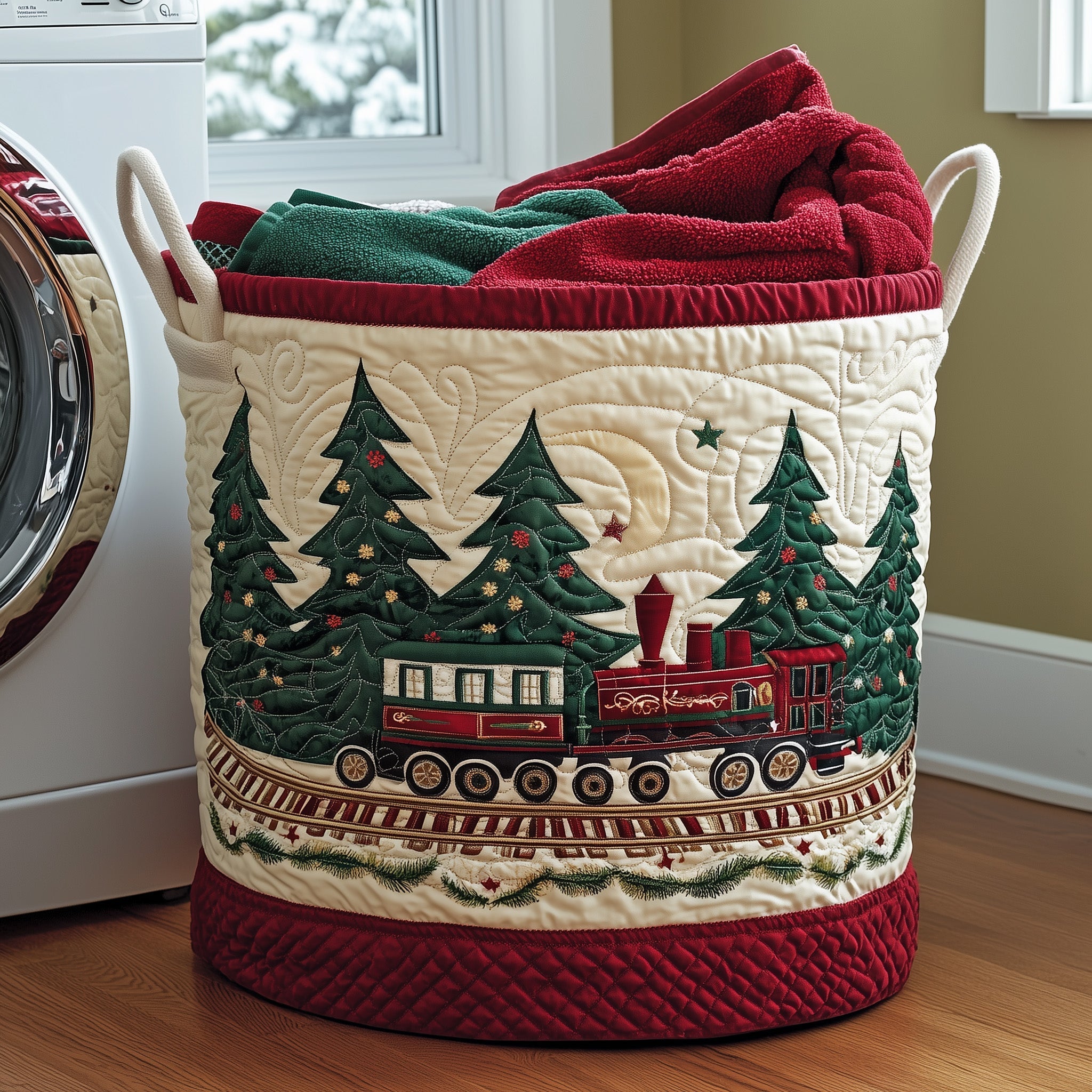 Christmas Train Quilted Laundry Basket Washroom Decor Basket Best Father's Day Gifts - Tradiviet