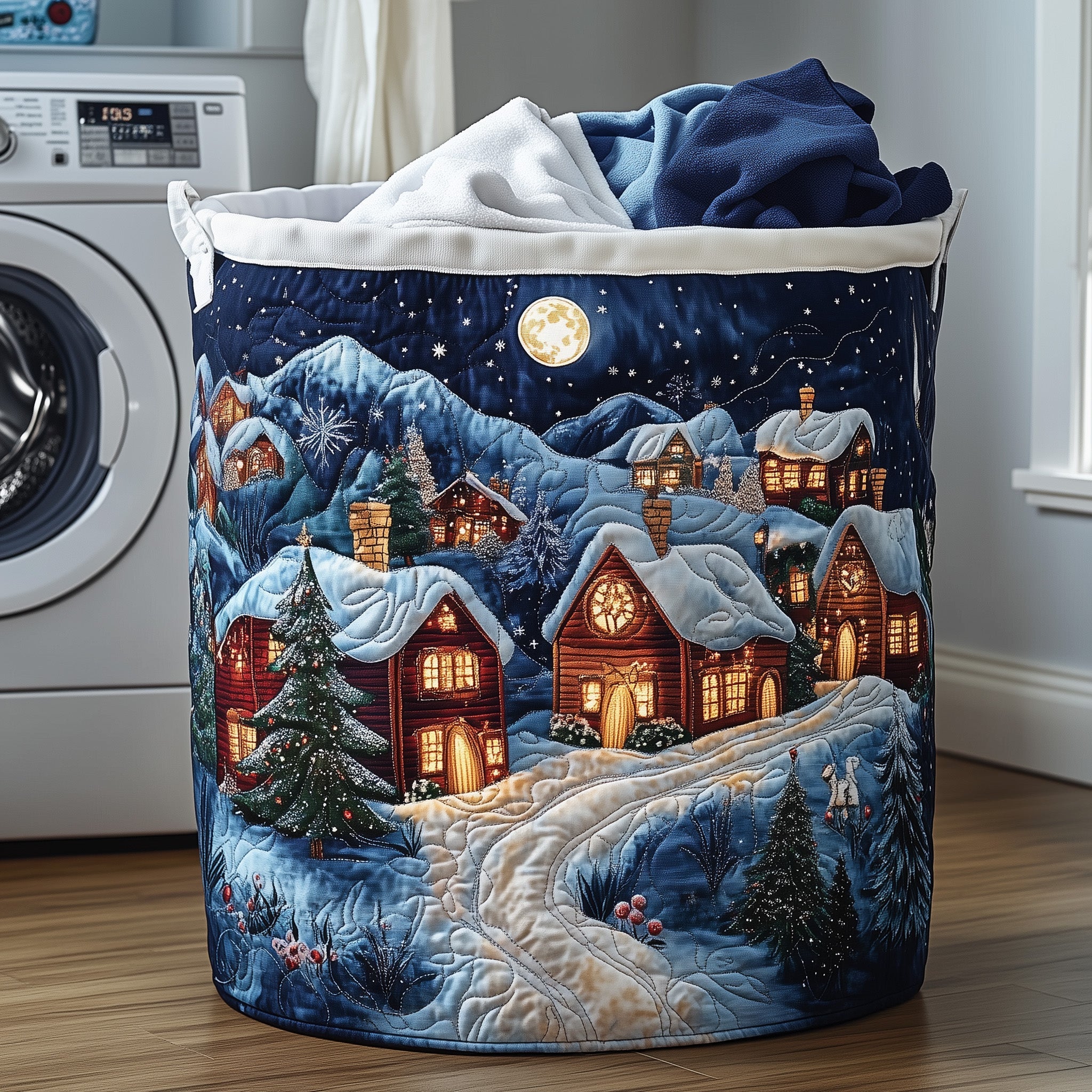 Christmas Village Quilted Laundry Basket Cute Room Decor Best Gifts For Mother In Law - Tradiviet