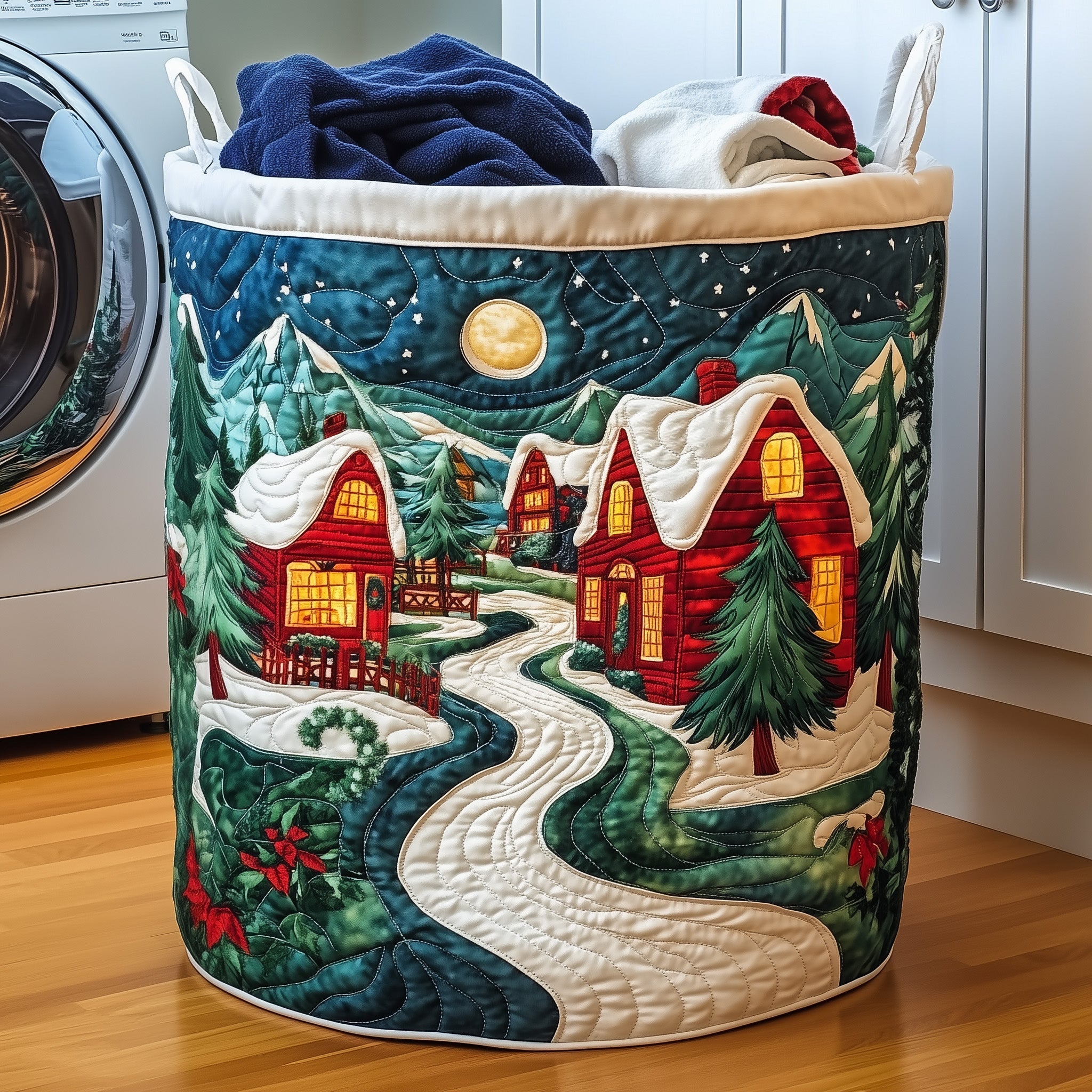 Christmas Village Quilted Laundry Basket Washroom Decor Baskets Gift For Wife - Tradiviet