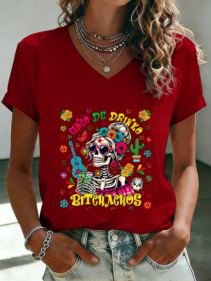 Cinco De Drinko Bitchachos V-Neck T-Shirt Skeleton Guitar Mexican Fiesta Clothes Gift For Her - Image 3