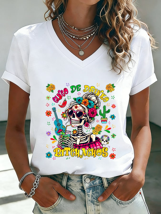 Cinco De Drinko Bitchachos V-Neck T-Shirt Skeleton Guitar Mexican Fiesta Clothes Gift For Her - Image 2