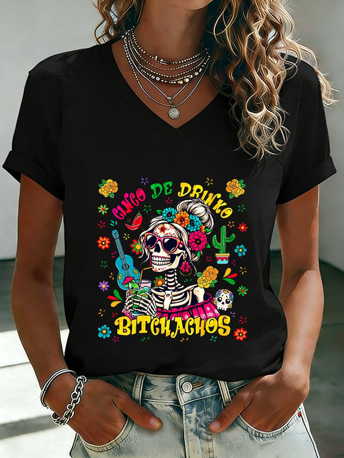 Cinco De Drinko Bitchachos V-Neck T-Shirt Skeleton Guitar Mexican Fiesta Clothes Gift For Her
