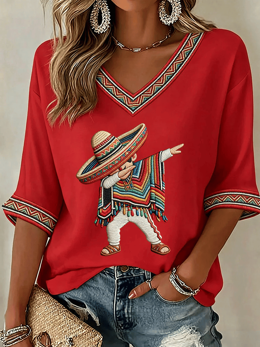Cinco De Mayo V-Neck Long Sleeve Shirt Mexican Fiesta Party Clothes Mexico Theme Gifts - Image 2