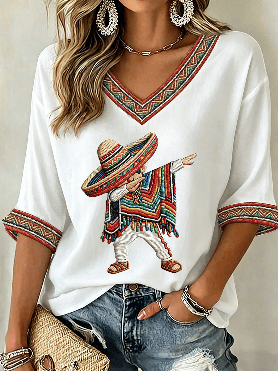 Cinco De Mayo V-Neck Long Sleeve Shirt Mexican Fiesta Party Clothes Mexico Theme Gifts