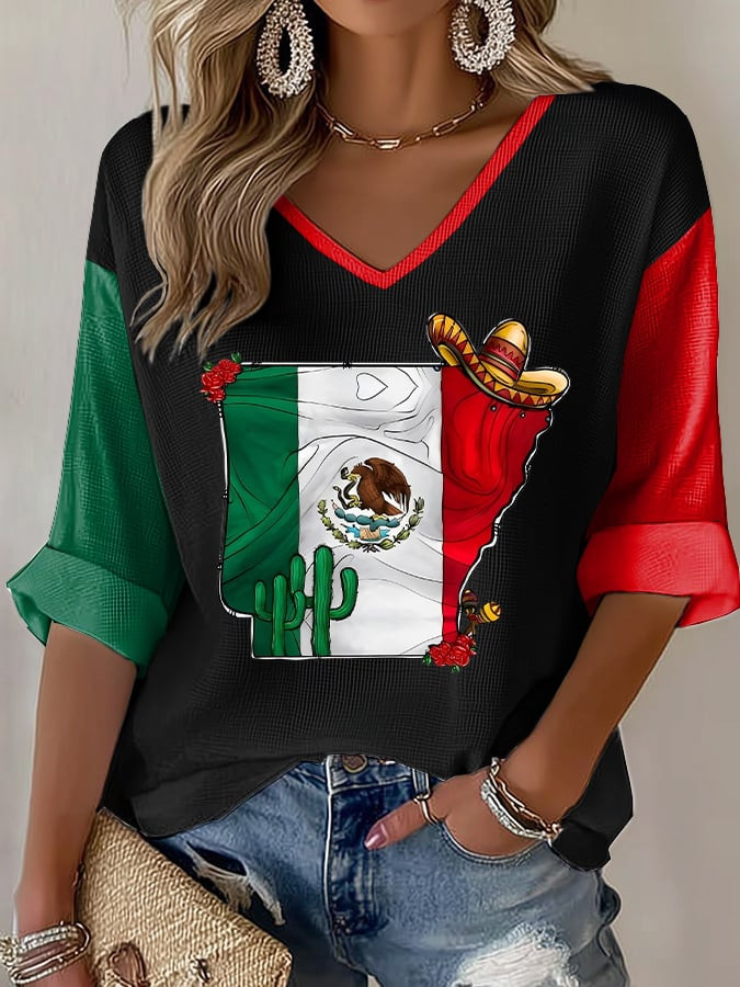 Cinco De Mayo V-Neck Long Sleeve Shirt Mexican Flag Clothing Gift For Mexico Fans - Image 2