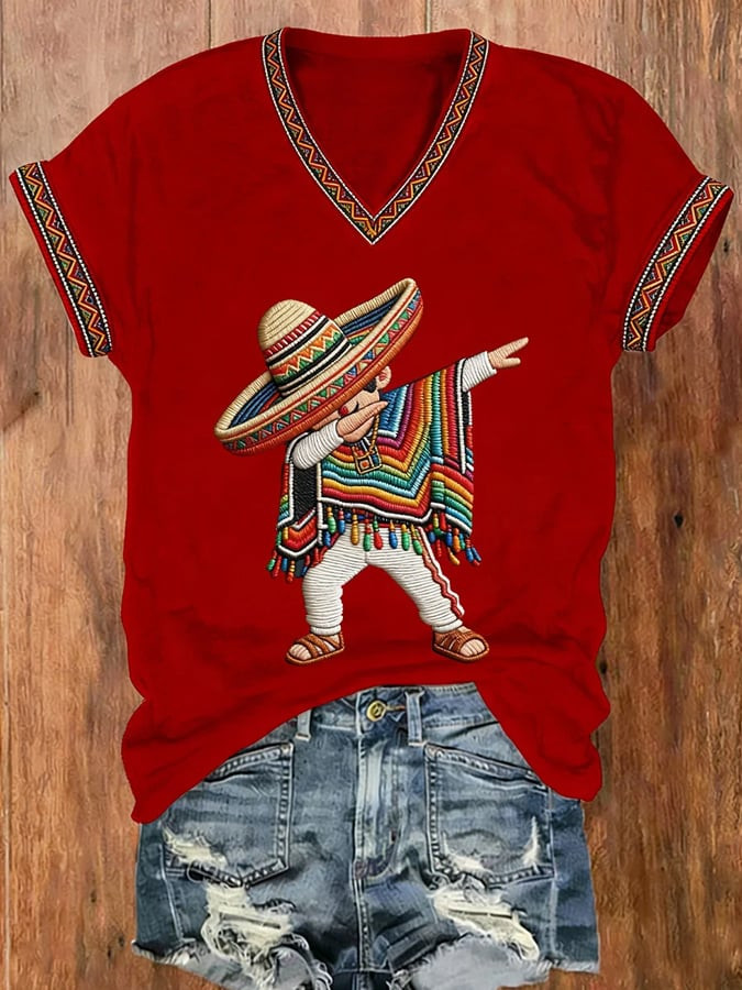 Cinco De Mayo V-Neck Shirt Mexican Boy Dabbing Poncho Clothes Mexico Theme Gifts