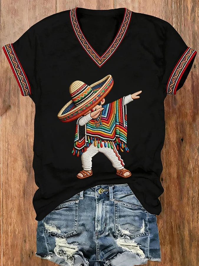 Cinco De Mayo V-Neck Shirt Mexican Boy Dabbing Poncho Clothes Mexico Theme Gifts - Image 2
