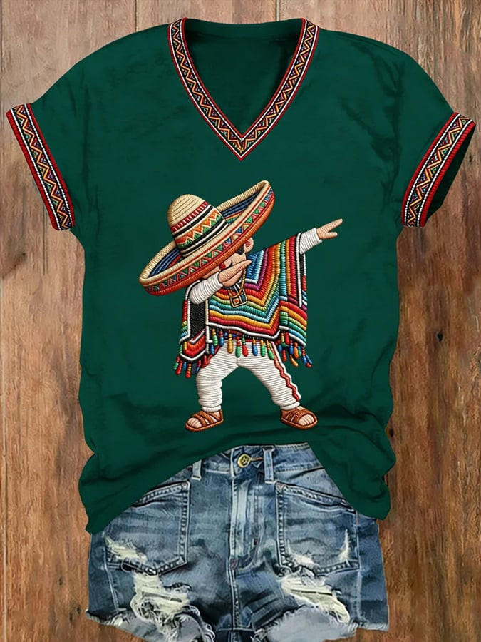 Cinco De Mayo V-Neck Shirt Mexican Boy Dabbing Poncho Clothes Mexico Theme Gifts - Image 4