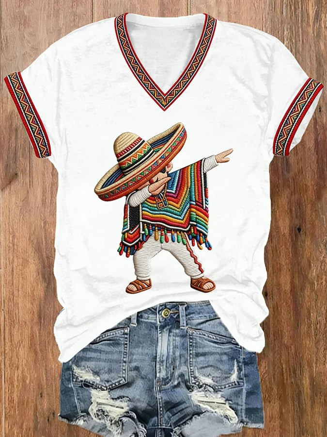 Cinco De Mayo V-Neck Shirt Mexican Boy Dabbing Poncho Clothes Mexico Theme Gifts - Image 3