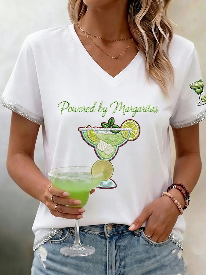 Cinco De Mayo V-Neck T-Shirt Powered By Margaritas Clothes Gift For Mexico Fans - Image 3