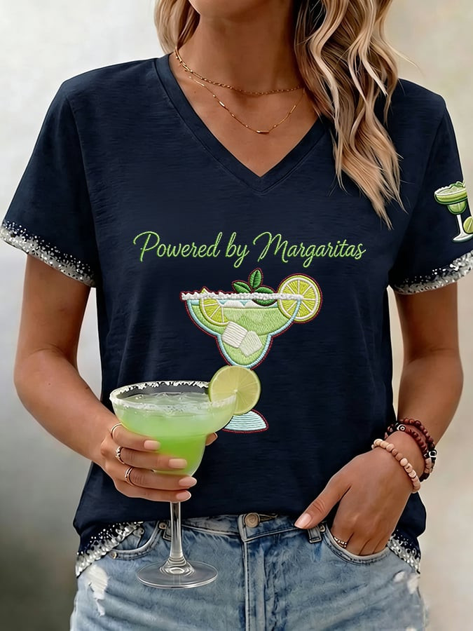 Cinco De Mayo V-Neck T-Shirt Powered By Margaritas Clothes Gift For Mexico Fans - Image 2