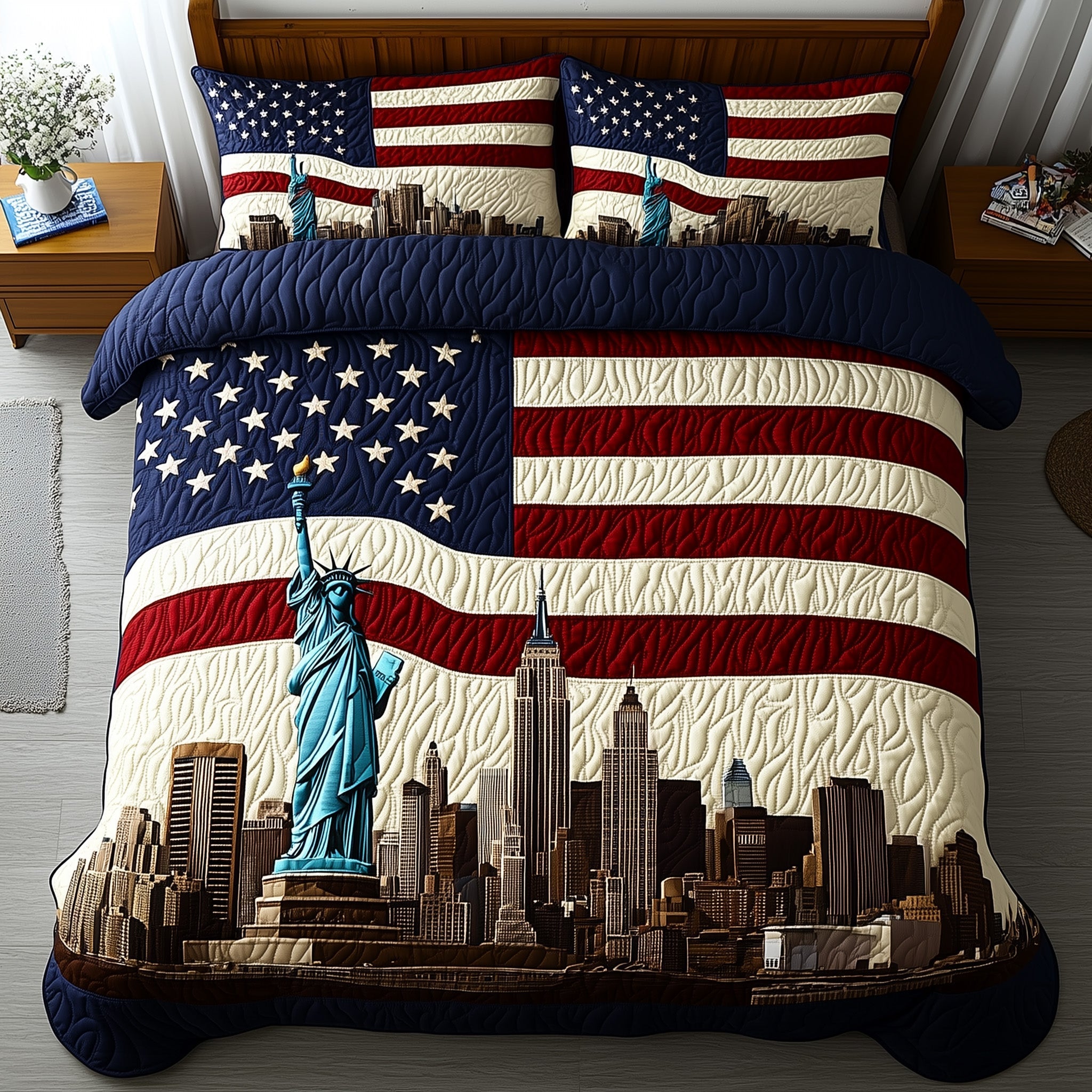 Cityscape Flag American Flag Quilted Bedding Set New York City Patchwork Bedding Gift For Couples - Tradiviet
