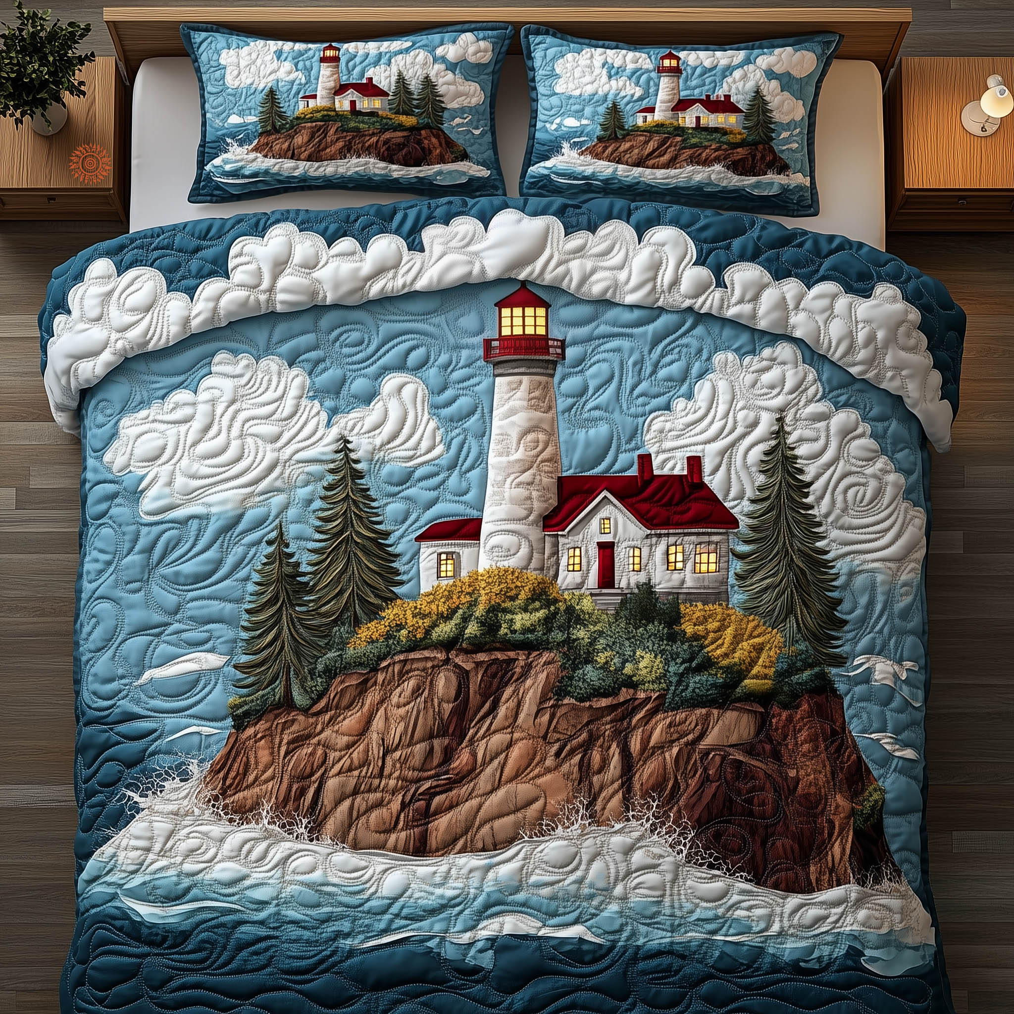 Cliffside Lighthouse Quilted Bedding Set Mens Bedroom Deco Gift For Adventurers - Tradiviet