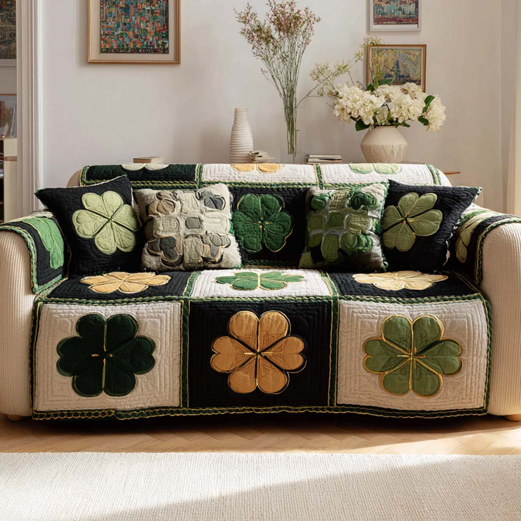 Clover Medley Quilted Sofa Cover Clover Patch Pattern Irish Decor