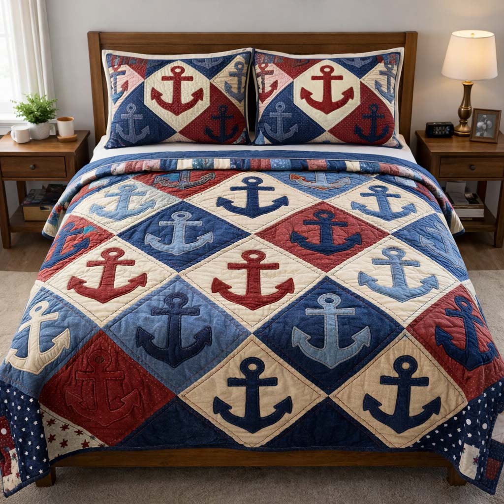 Coastal Anchor Quilted Bedding Set Holiday Home Decor Unique Mother's Day Gifts - Tradiviet