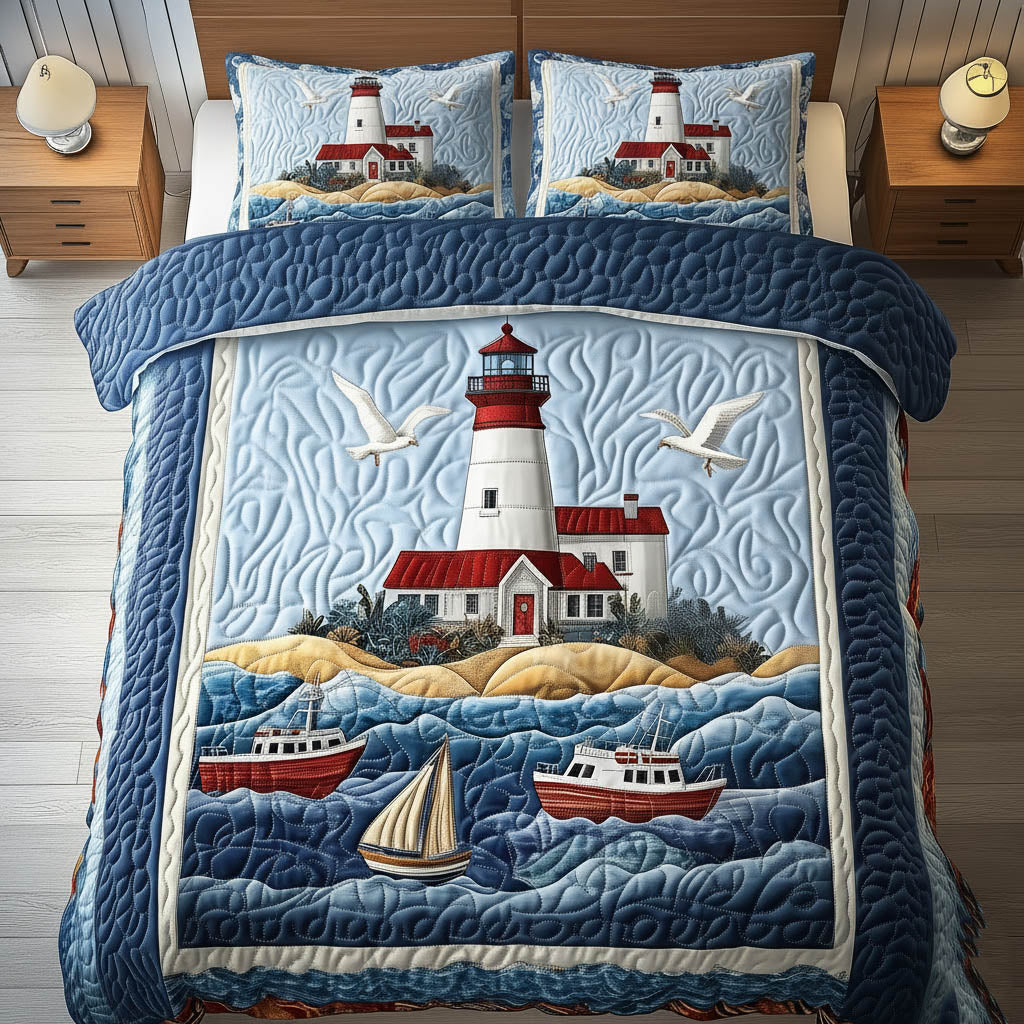 Coastal Lighthouse Quilted Bedding Set Holiday Home Decor Gift For Beach Lovers - Tradiviet