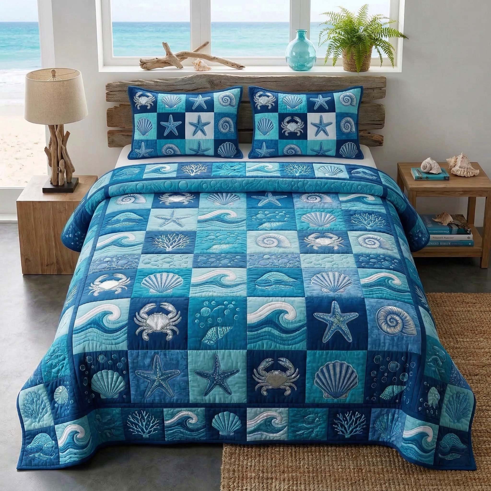 Coastal Ocean Quilted Bedding Set Holiday Bedroom Decor Unique Gift For Ocean Lover - Tradiviet