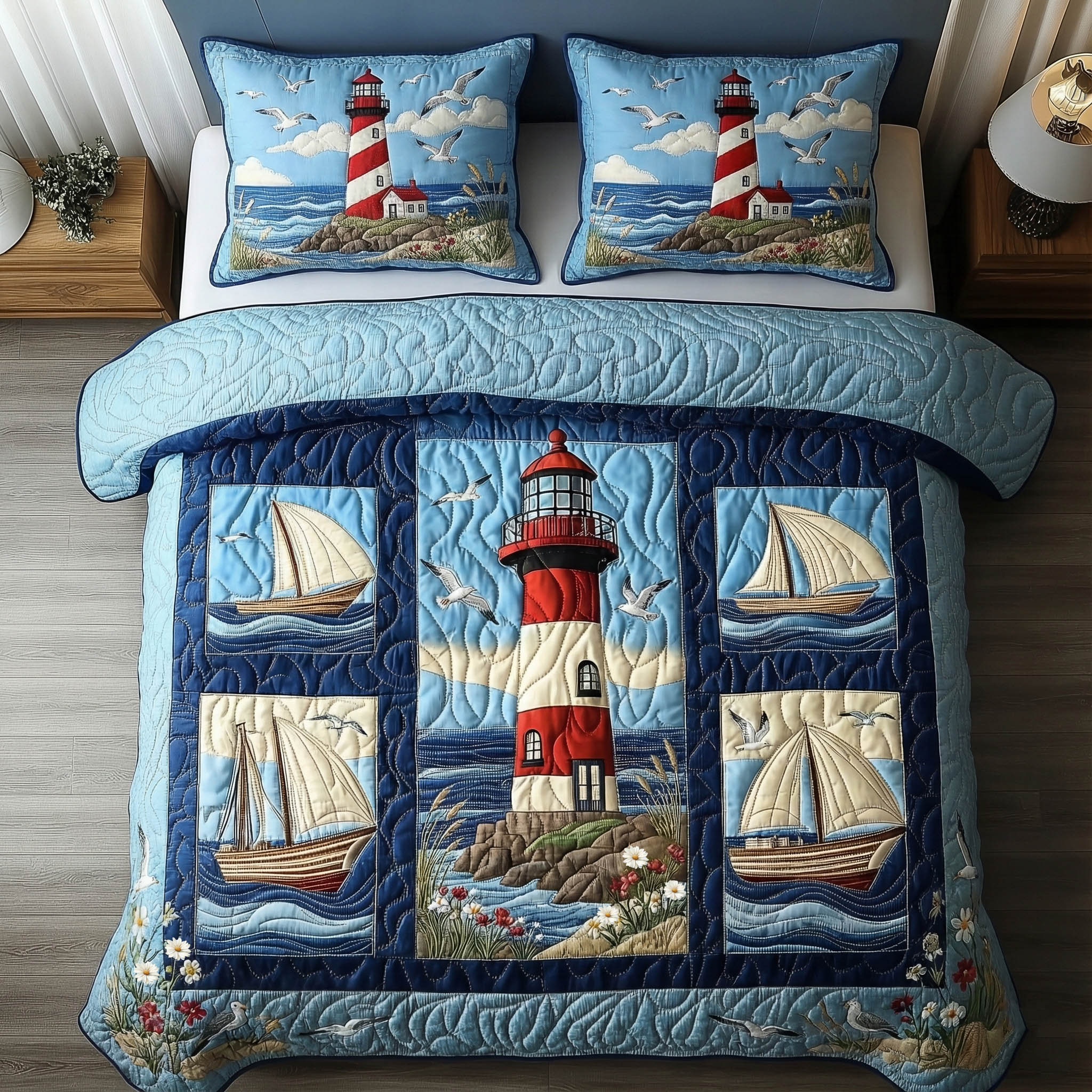 Coastal Patchwork Quilted Bedding Set Holiday Decorations Gift For Decor Lovers - Tradiviet