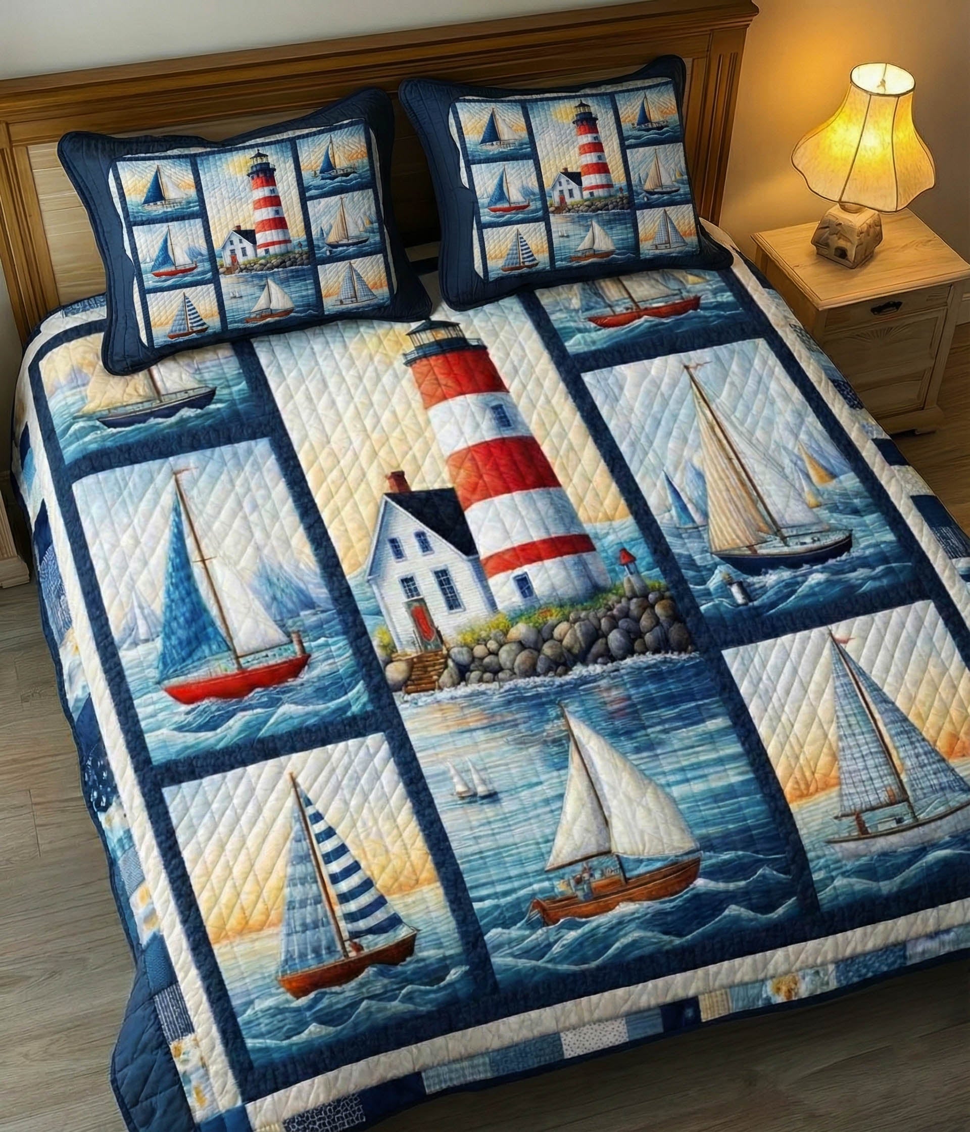 Coastal Patchwork Quilted Bedding Set Holiday Home Decor Ideas Gift For Ocean Lovers - Tradiviet