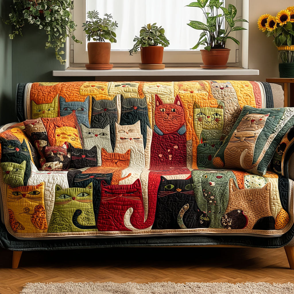 Color Whiskers Quilted Sofa Cover Cat Lover Couch Protector