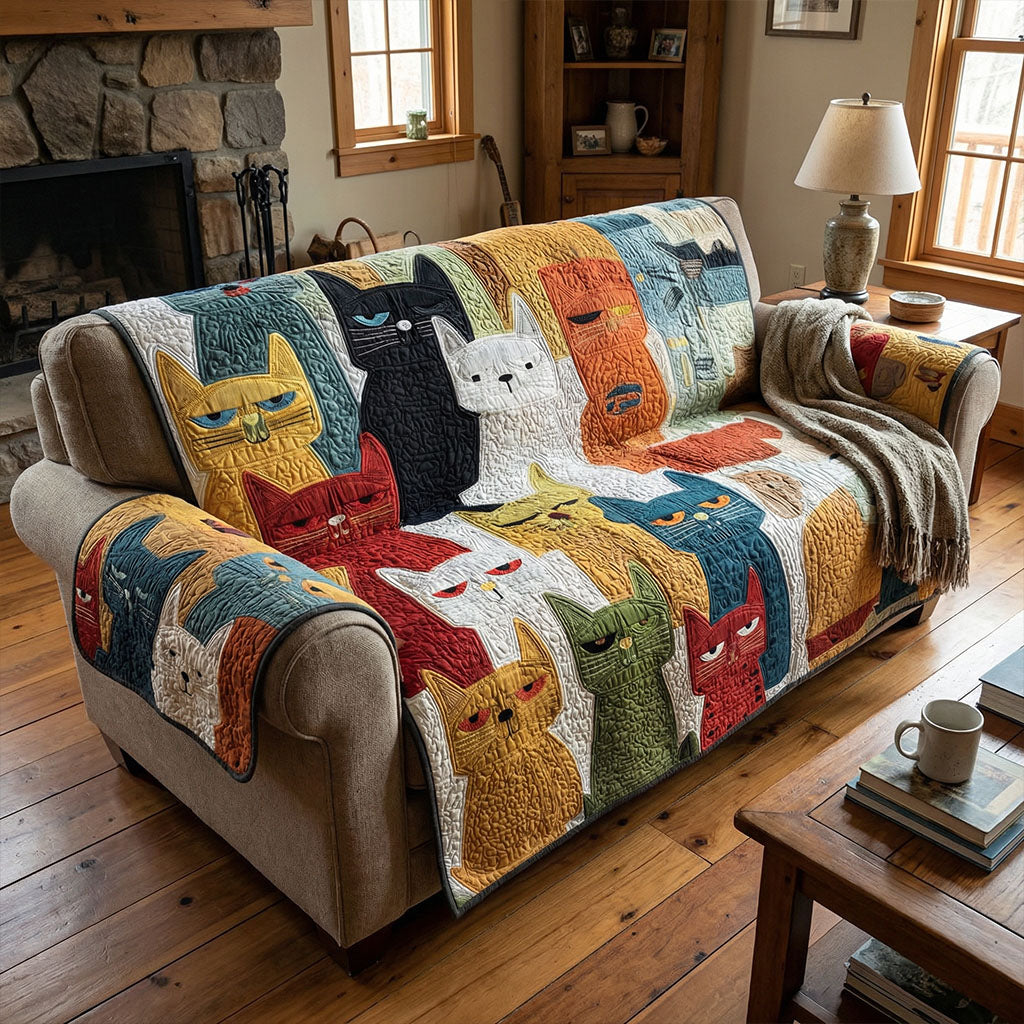 Colorblock Kitties Quilted Sofa Cover Modern Cat Pattern Home Decor