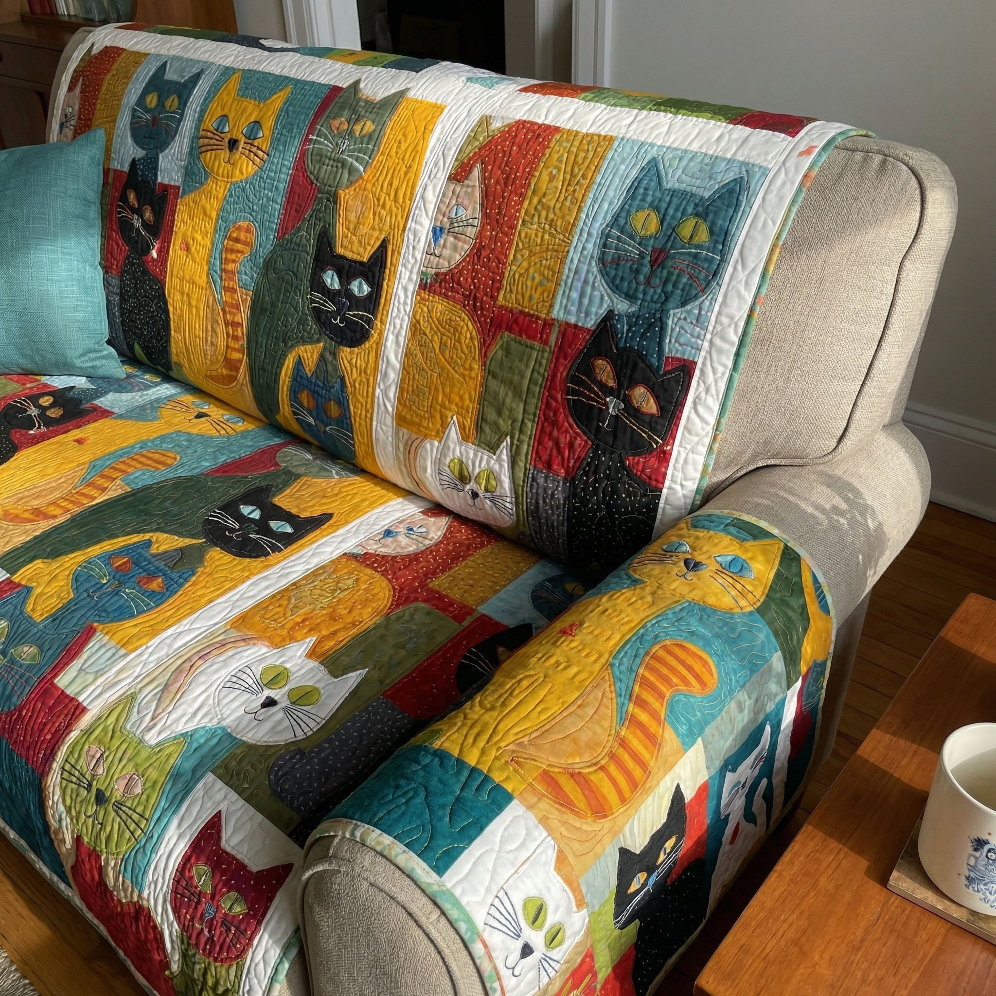 Colorful Cat Chorus Quilted Sofa Cover Colorful Kitty Pattern Gift For Cat Lovers