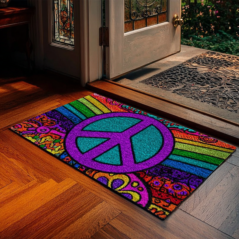 Colorful Peace Sign Doormat Retro Rainbow Welcome Mat Non-Slip Front Door Rug