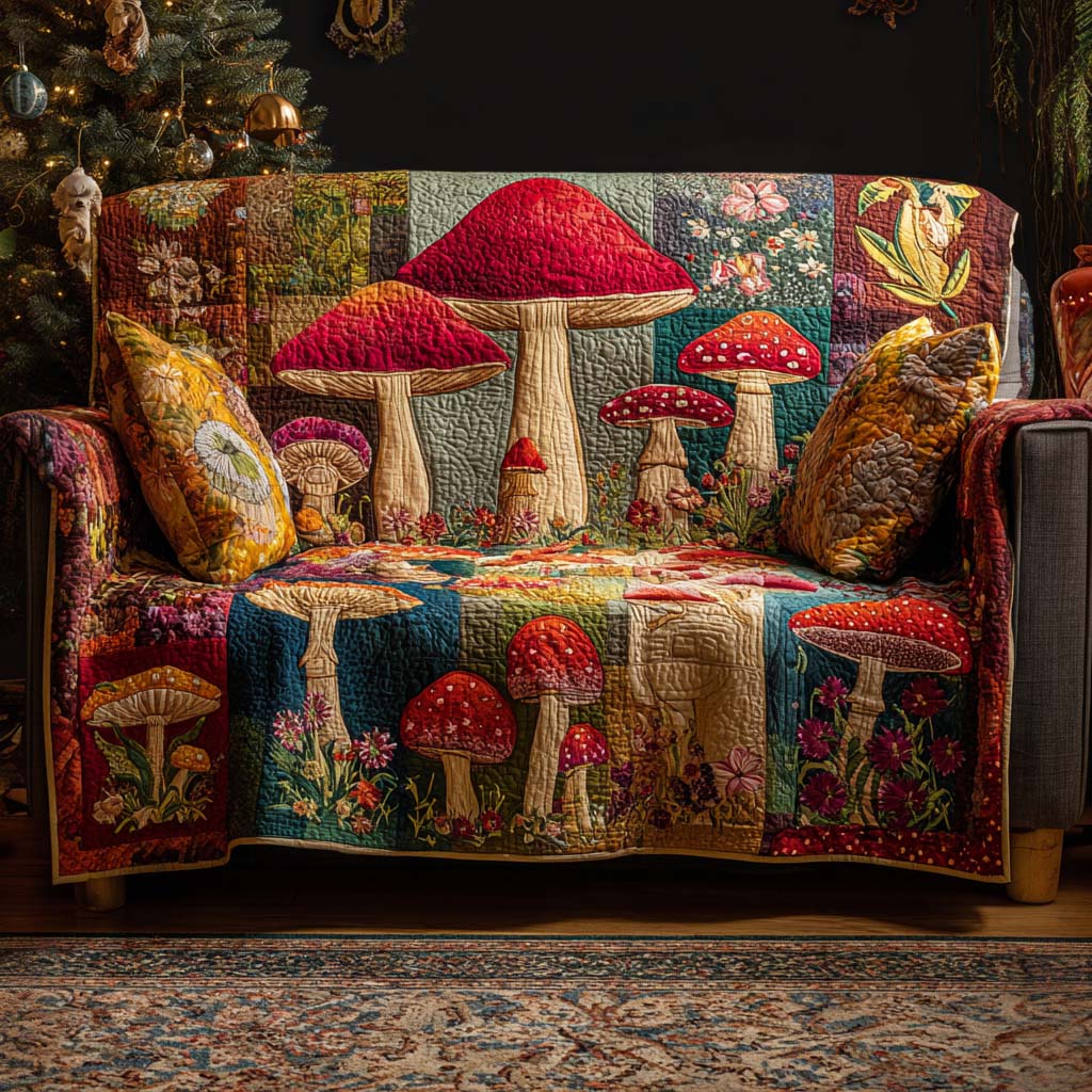 Colorful Toadstool Meadow Quilted Sofa Cover Mushroom Fairycore Gift